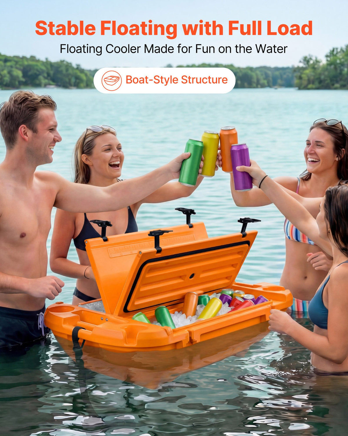 VEVOR Floating Cooler, 37.9 L Floating Ice Chest with Dry Storage & Tow Rope, Premium LLDPE Amphibious Drink Cooler for Water & Land, Cruise Smoothly Stable on Lake, River, Pool, Beach, Kayak, Orange