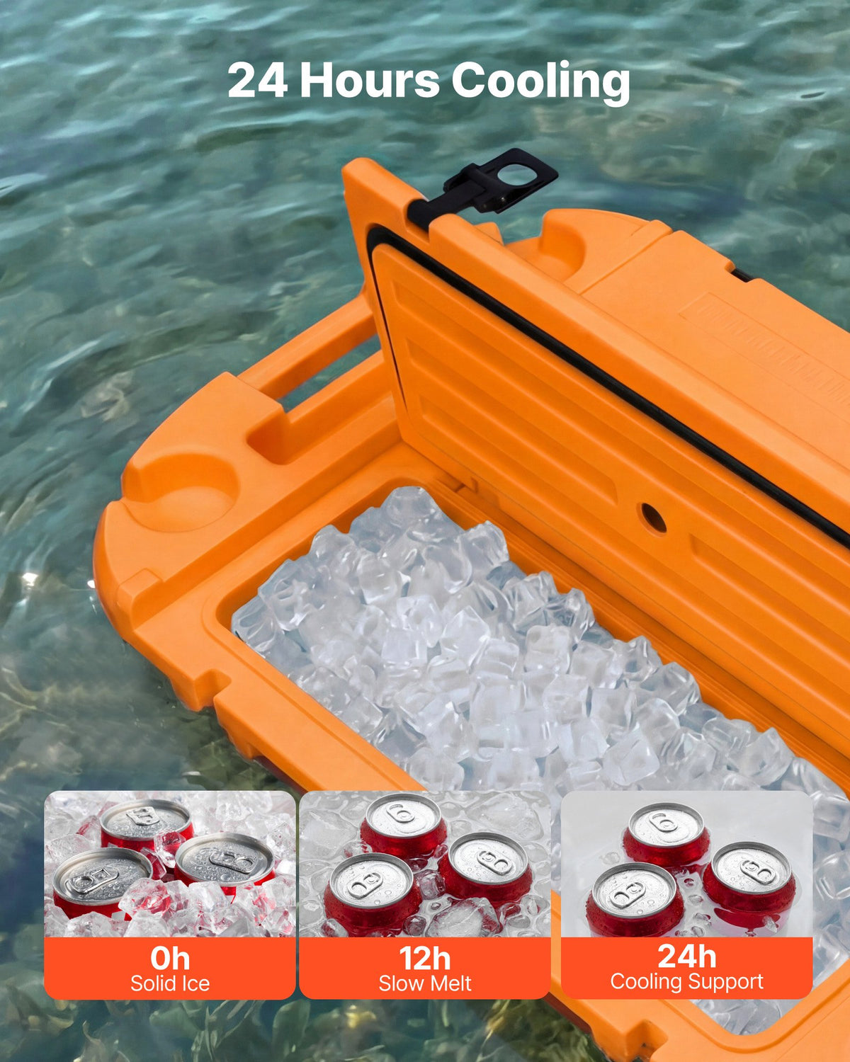VEVOR Floating Cooler, 37.9 L Floating Ice Chest with Dry Storage & Tow Rope, Premium LLDPE Amphibious Drink Cooler for Water & Land, Cruise Smoothly Stable on Lake, River, Pool, Beach, Kayak, Orange