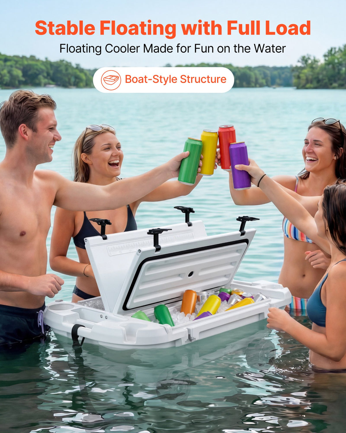 VEVOR Floating Cooler, 37.9 L Floating Ice Chest with Dry Storage, Wheels & Tow Rope, Premium LLDPE Amphibious Drink Cooler for Water & Land, Cruise Stable on Lake, River, Pool, Beach, Kayak, White