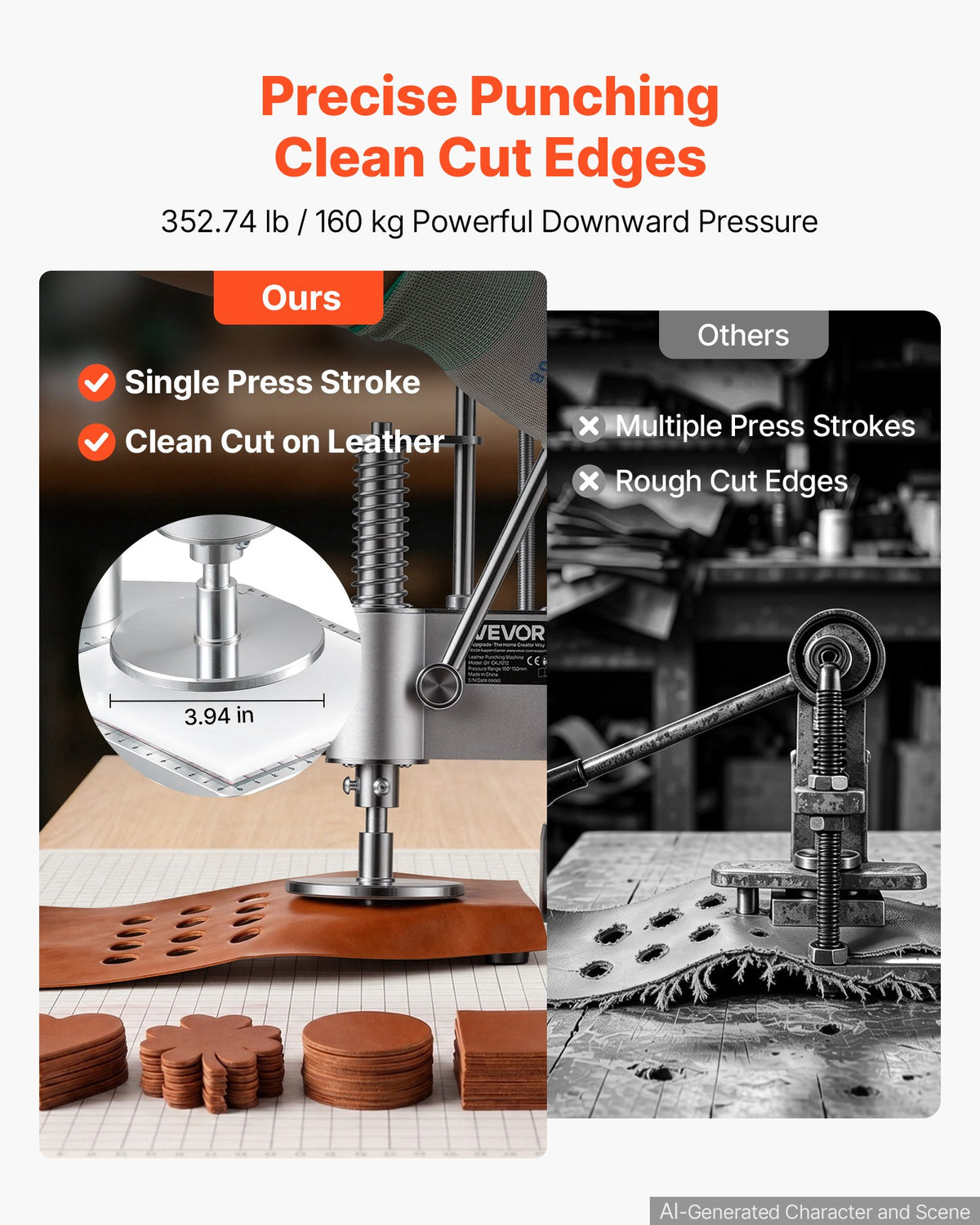 VEVOR Leather Punching Machine 10 x 10 cm Manual Leather Hole Puncher, Hand Punch Press, 160 kg Pressure, 40 mm Stroke, Chuck Fixation, Sturdy Structure, for Fabric, Paper, and Silicone