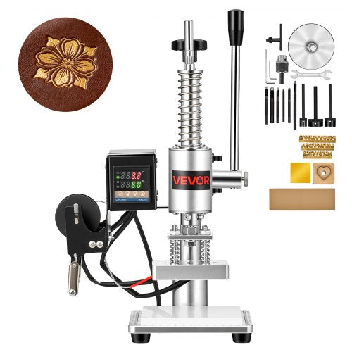 VEVOR Heated Leather Punching Machine 10 x 10 cm Leather Stamp Press, For Hot Stamping and Punching, 160 kg Pressure, 40 mm Stroke, Chuck Fixation, with Digital Temperature Control Panel