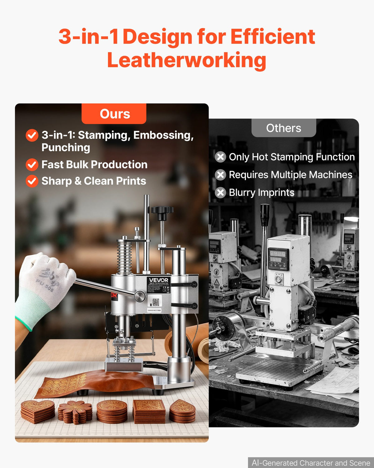 VEVOR Heated Leather Punching Machine 10 x 10 cm Leather Stamp Press, For Hot Stamping and Punching, 160 kg Pressure, 40 mm Stroke, Chuck Fixation, with Digital Temperature Control Panel