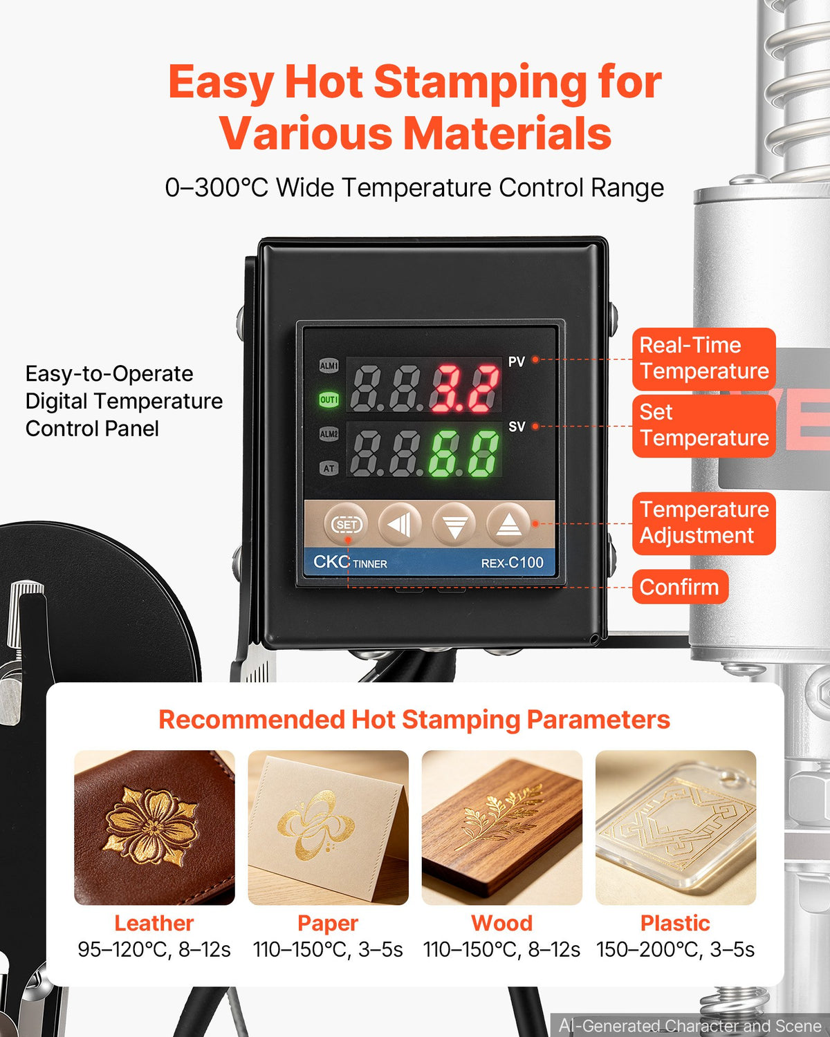 VEVOR Heated Leather Punching Machine 10 x 10 cm Leather Stamp Press, For Hot Stamping and Punching, 160 kg Pressure, 40 mm Stroke, Chuck Fixation, with Digital Temperature Control Panel