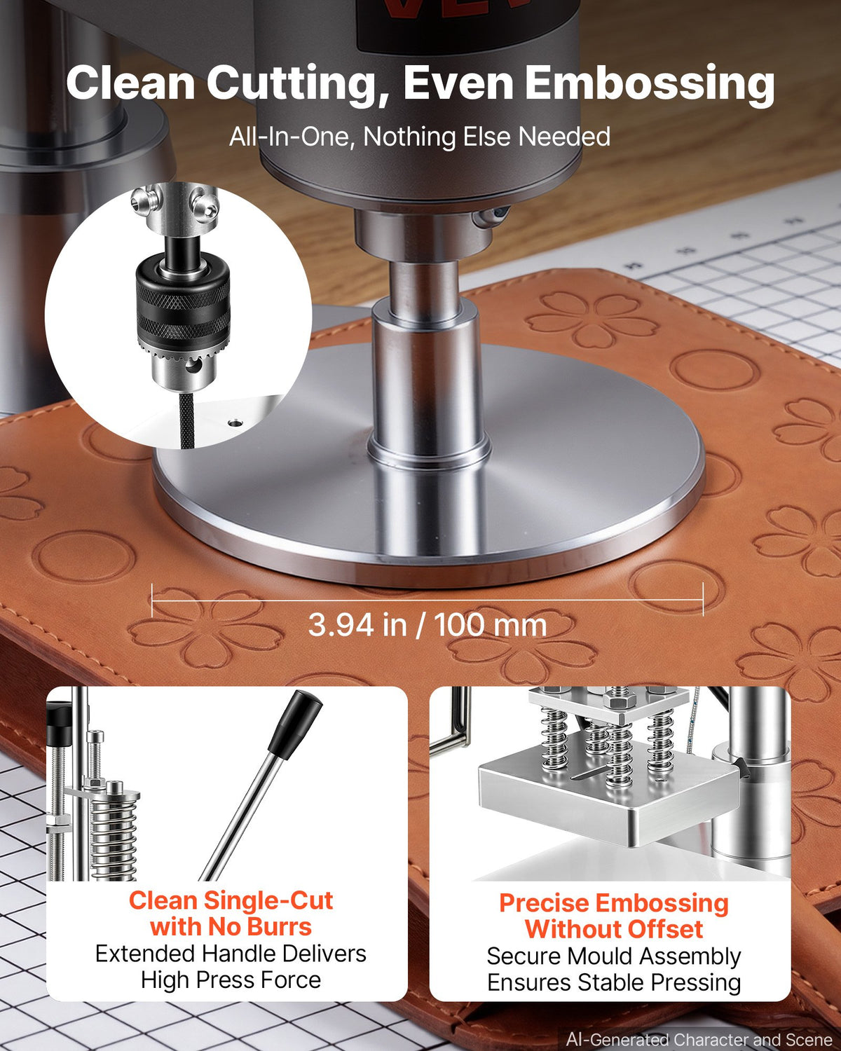 VEVOR Heated Leather Punching Machine 10 x 10 cm Leather Stamp Press, For Hot Stamping and Punching, 160 kg Pressure, 40 mm Stroke, Chuck Fixation, with Digital Temperature Control Panel