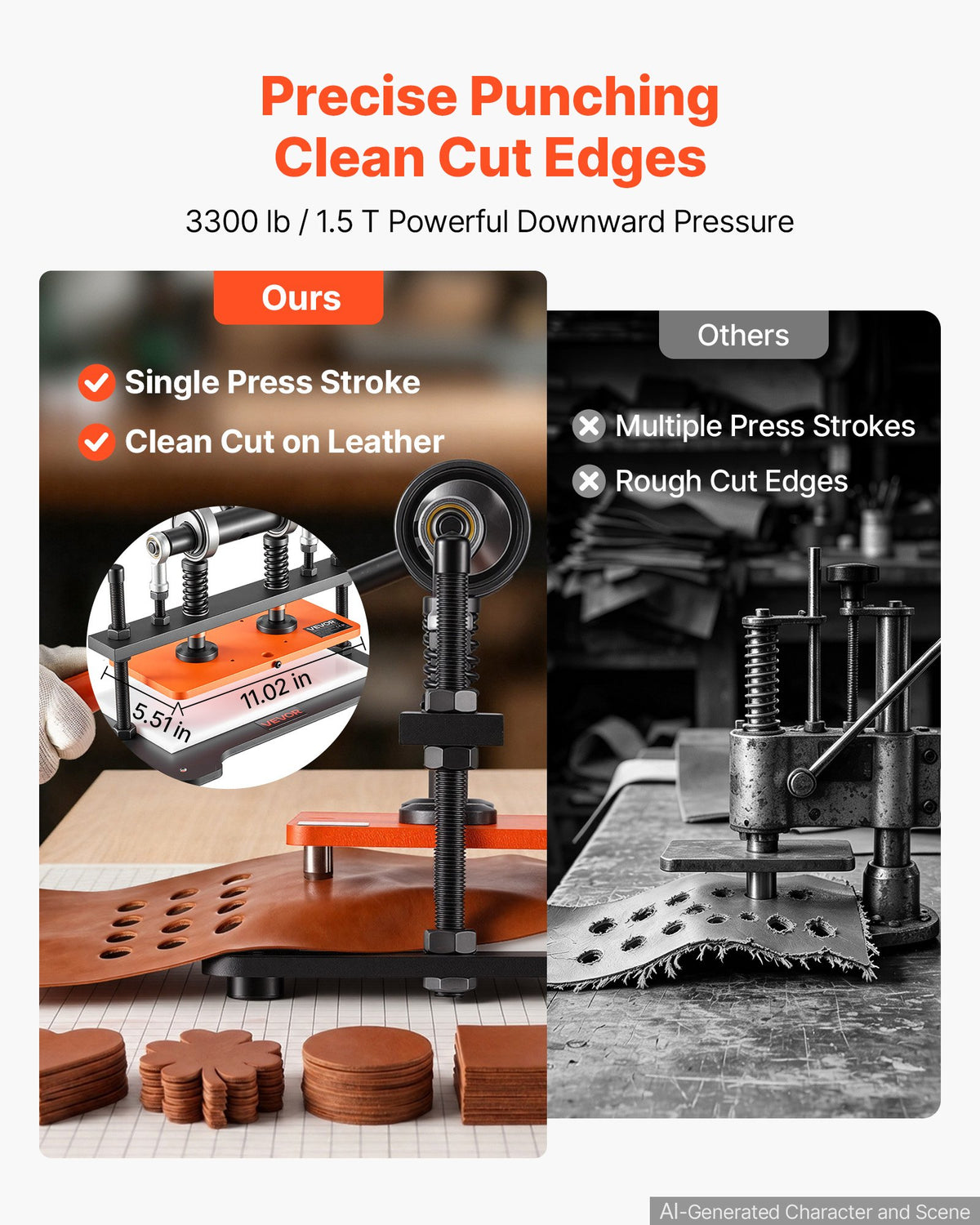 VEVOR Leather Cutting Machine 280 x 140 mm Embossing Plate Die Cutter, Hand Press Leather Embossing & Die Cutting, 1.5 T Pressure, 12 mm Stroke, Dual Guide Shafts, for Fabric, Paper, Silicone