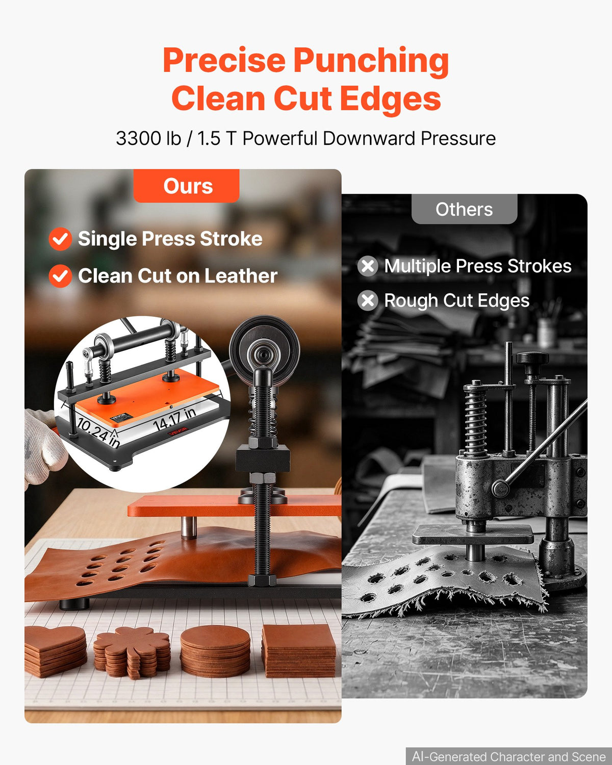 VEVOR Leather Cutting Machine 360 x 260 mm Embossing Plate Die Cutter, Hand Press Leather Embossing & Die Cutting, 1.5 T Pressure, 12 mm Stroke, Dual Guide Shafts, for Fabric, Paper, Silicone