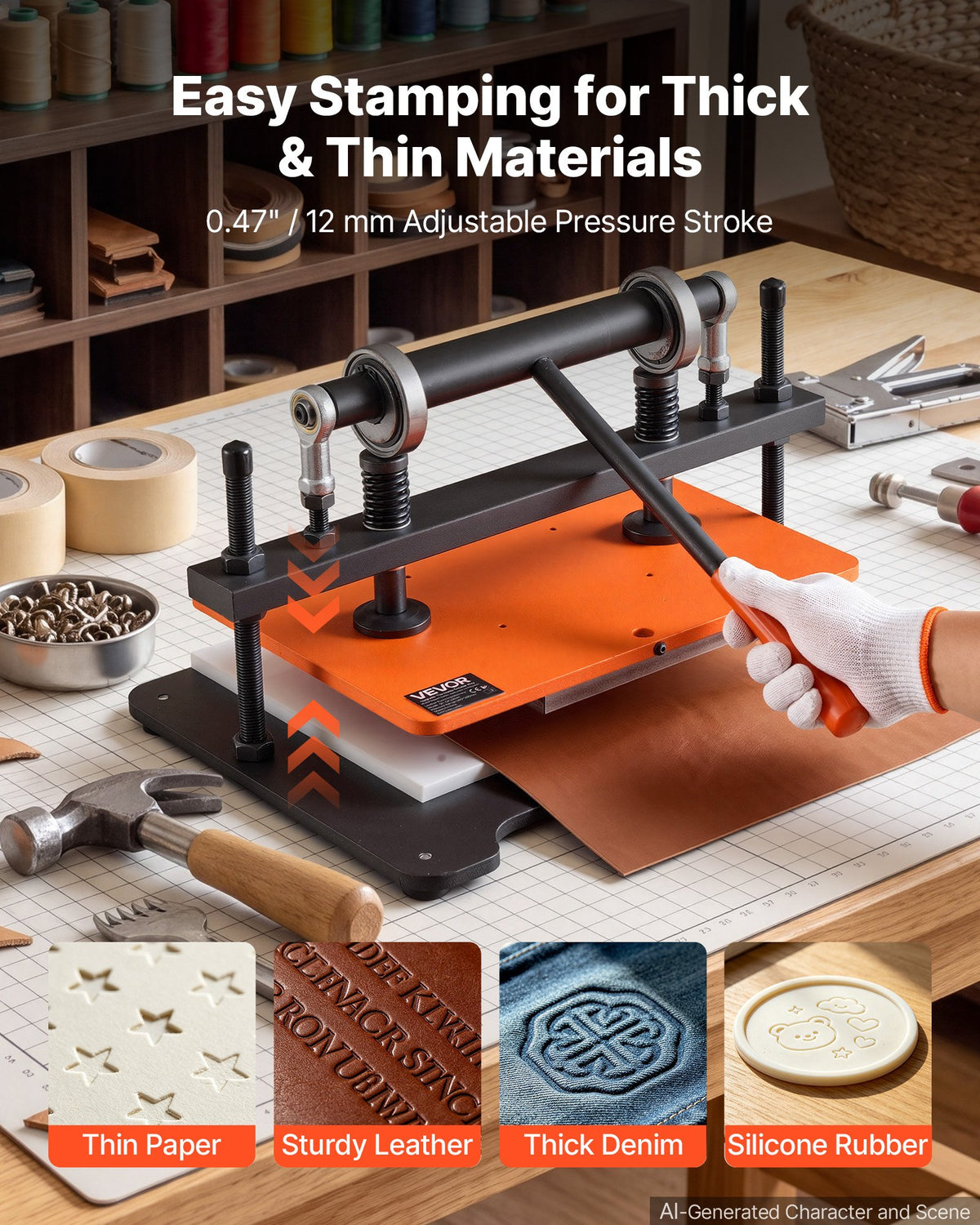 VEVOR Leather Cutting Machine 360 x 260 mm Embossing Plate Die Cutter, Hand Press Leather Embossing & Die Cutting, 1.5 T Pressure, 12 mm Stroke, Dual Guide Shafts, for Fabric, Paper, Silicone