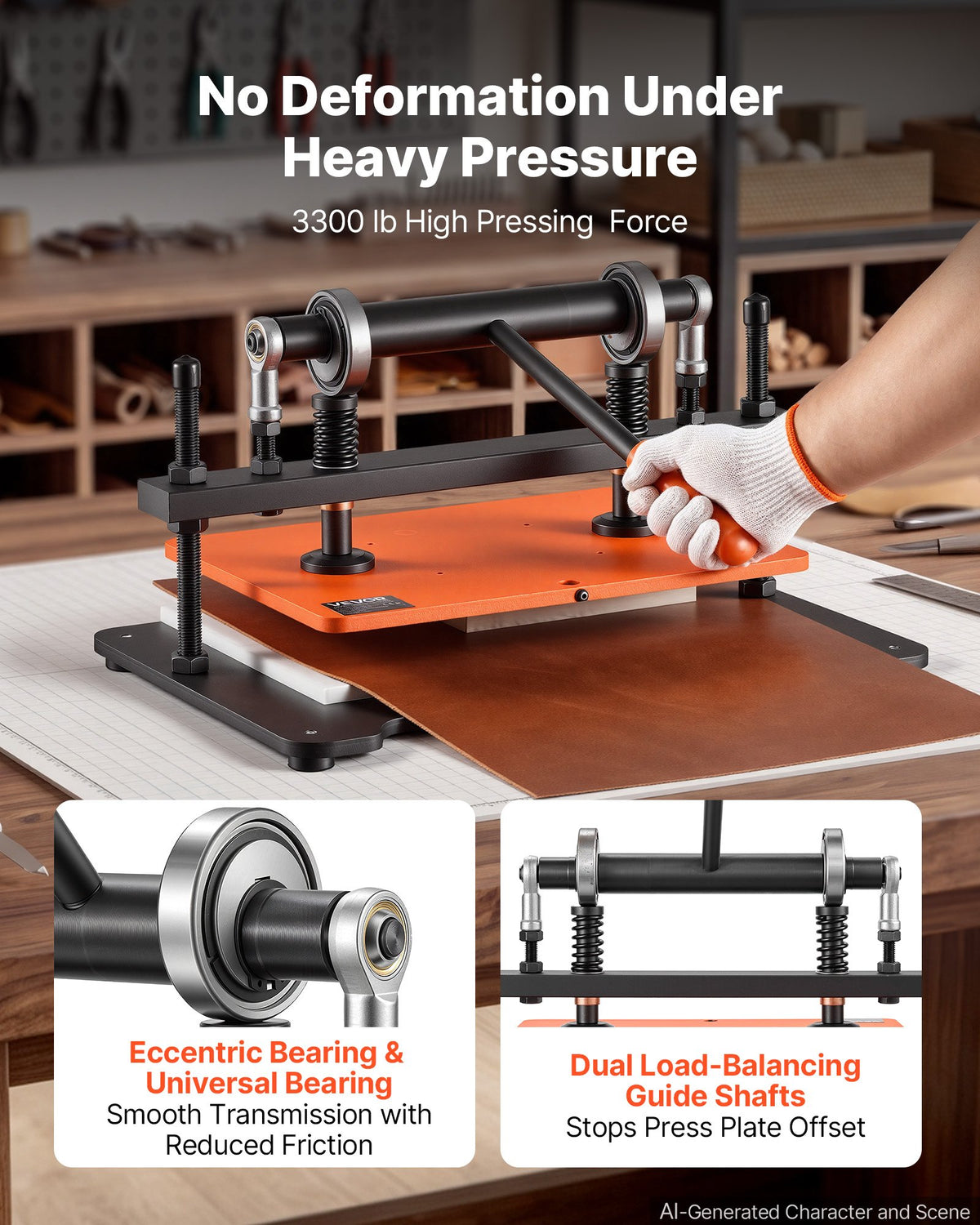 VEVOR Leather Cutting Machine 360 x 260 mm Embossing Plate Die Cutter, Hand Press Leather Embossing & Die Cutting, 1.5 T Pressure, 12 mm Stroke, Dual Guide Shafts, for Fabric, Paper, Silicone