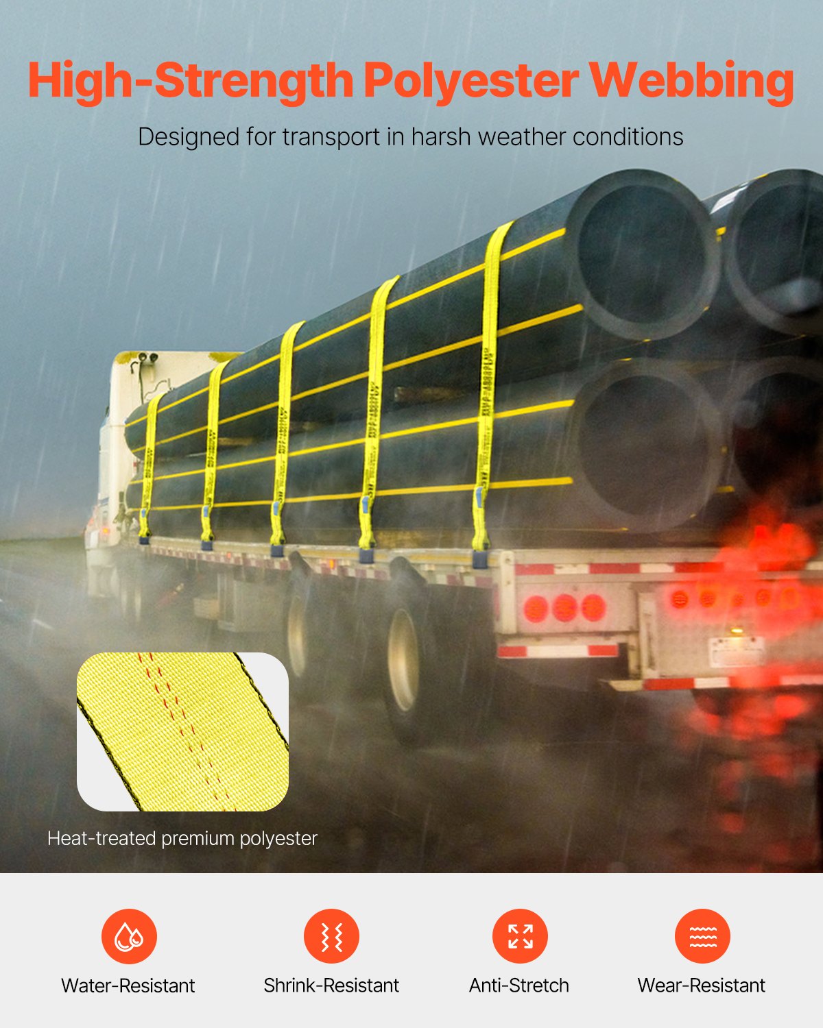 VEVOR Winch Straps, 10.2 cm x 9.1 m, 2722 kg Load Capacity, 8165 kg Break Strength, Truck Straps with Flat Hook, Flatbed Tie Downs Cargo Control for Trailers, Farms, Rescues, Tree Saver, Yellow (10 Pack)