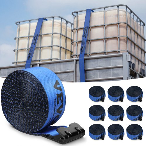 VEVOR Winch Straps, 10.2 cm x 9.1 m, 2722 kg Load Capacity, 8165 kg Breaking Strength, Truck Straps with Flat Hook, Flatbed Tie Downs Cargo Control for Trailers, Farms, Rescues, Tree Saver, Blue (10 Pack)