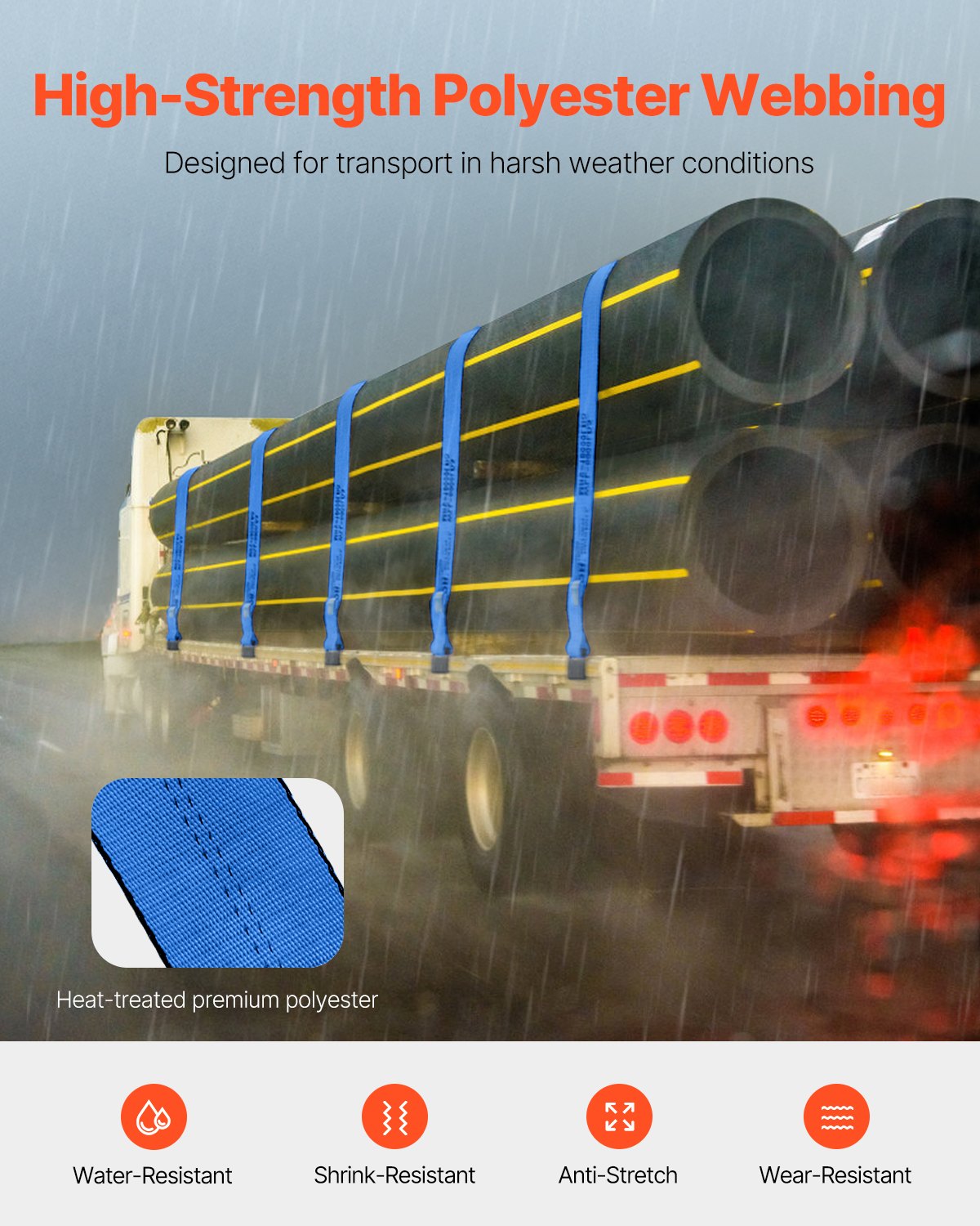 VEVOR Winch Straps, 10.2 cm x 9.1 m, 2722 kg Load Capacity, 8165 kg Breaking Strength, Truck Straps with Flat Hook, Flatbed Tie Downs Cargo Control for Trailers, Farms, Rescues, Tree Saver, Blue (10 Pack)