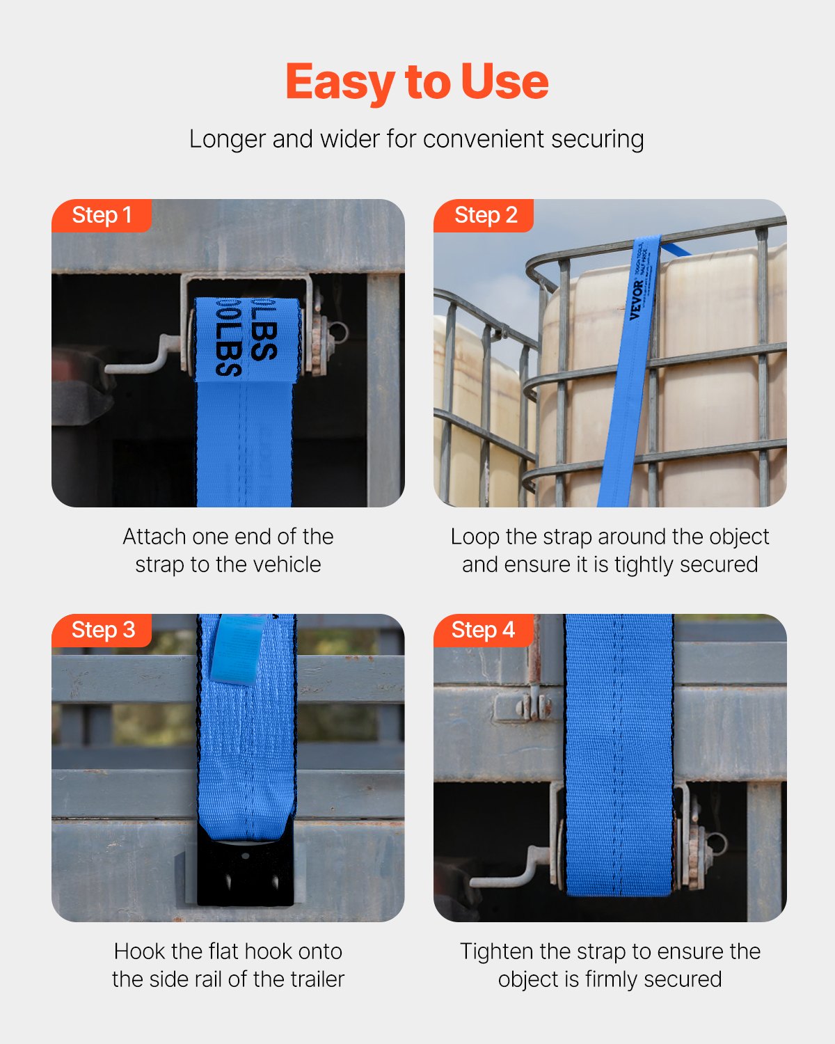 VEVOR Winch Straps, 10.2 cm x 9.1 m, 2722 kg Load Capacity, 8165 kg Breaking Strength, Truck Straps with Flat Hook, Flatbed Tie Downs Cargo Control for Trailers, Farms, Rescues, Tree Saver, Blue (10 Pack)