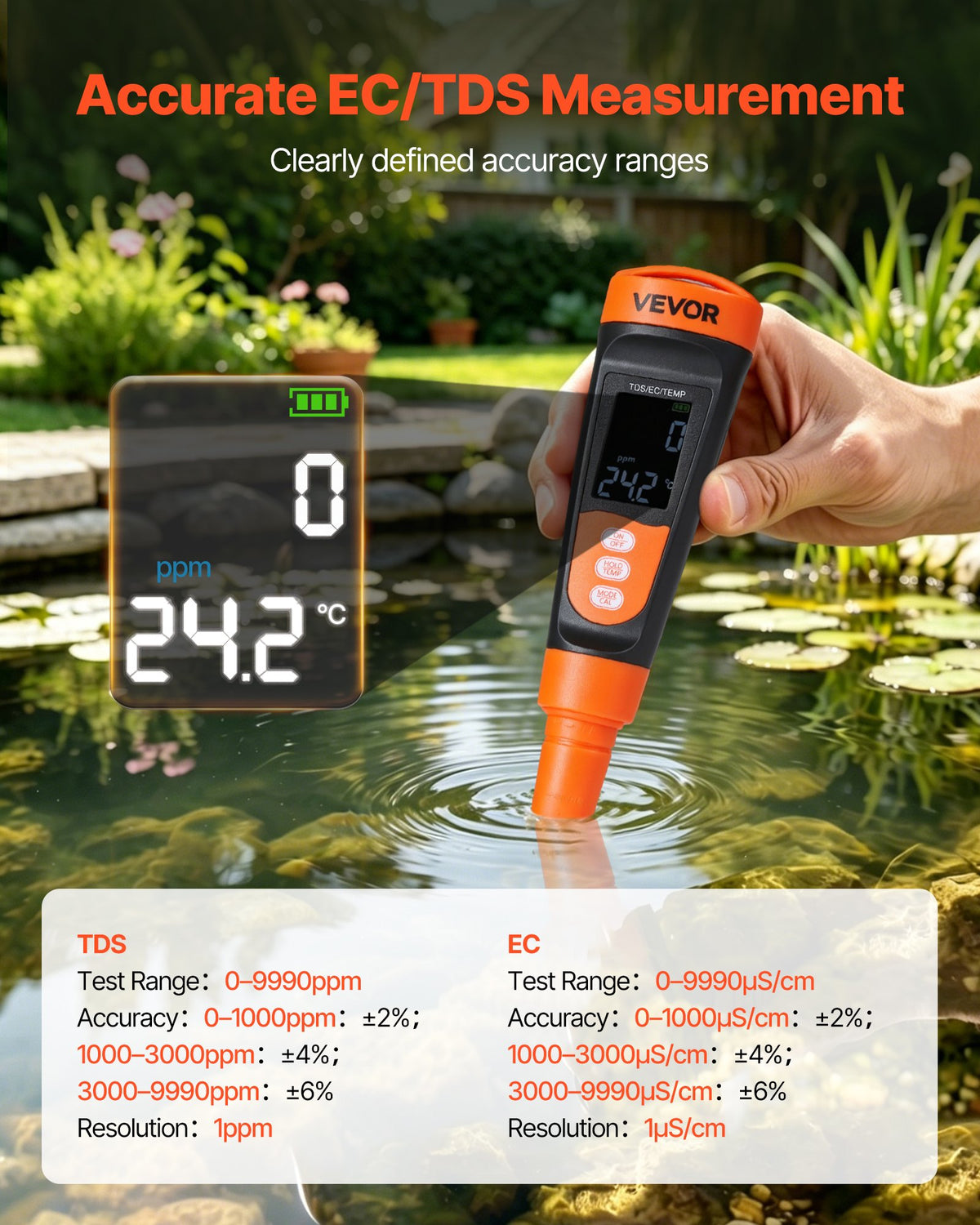VEVOR TDS Meter, 0-9990 ppm Measuring Range, EC (Conductivity) /TDS (ppm) Multi-Parameter Measurement, Digital Water Tester with ATC, Clear VA Display Screen, for Drinking Water Quality Testing