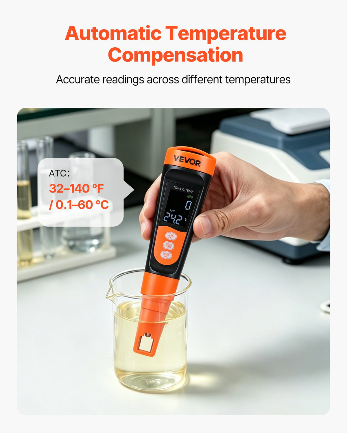 VEVOR TDS Meter, 0-9990 ppm Measuring Range, EC (Conductivity) /TDS (ppm) Multi-Parameter Measurement, Digital Water Tester with ATC, Clear VA Display Screen, for Drinking Water Quality Testing