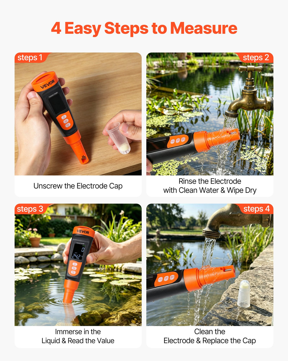 VEVOR TDS Meter, 0-9990 ppm Measuring Range, EC (Conductivity) /TDS (ppm) Multi-Parameter Measurement, Digital Water Tester with ATC, Clear VA Display Screen, for Drinking Water Quality Testing