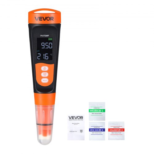 VEVOR pH Meter, 0-14 pH Range, IP68 Waterproof Probe, Pocket Tester Kit with Calibration Powder Packets, VA Display Screen, for Drinking Water, Hydroponics, and Aquarium Water Quality Testing