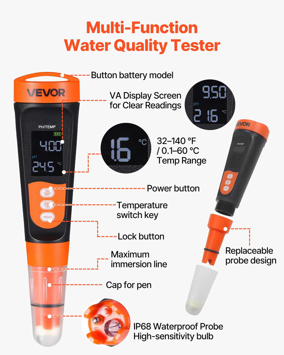 VEVOR pH Meter, 0-14 pH Range, IP68 Waterproof Probe, Pocket Tester Kit with Calibration Powder Packets, VA Display Screen, for Drinking Water, Hydroponics, and Aquarium Water Quality Testing