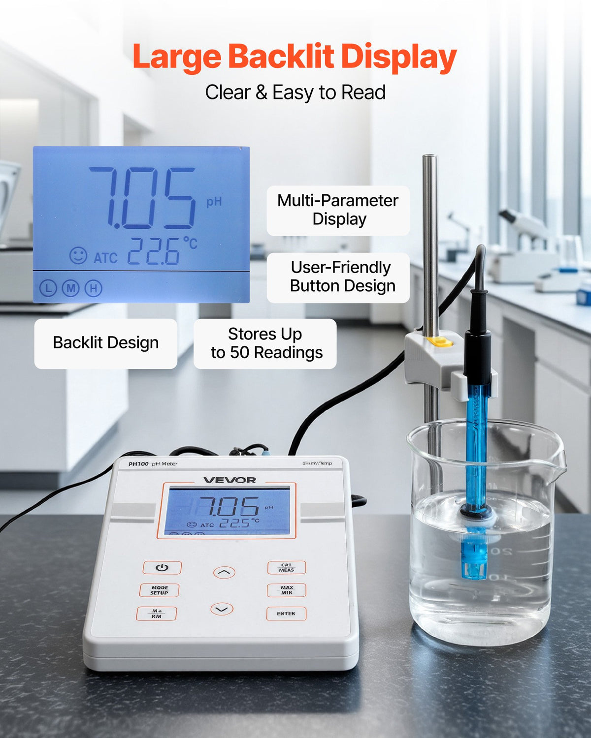 VEVOR Benchtop pH Meter, 0-14 pH Range, Laboratory Tester Kit with Large Backlit Display, Calibration Solutions, Power Adapter, Stores Up to 50 Readings, for Temperature and Water Quality Testing