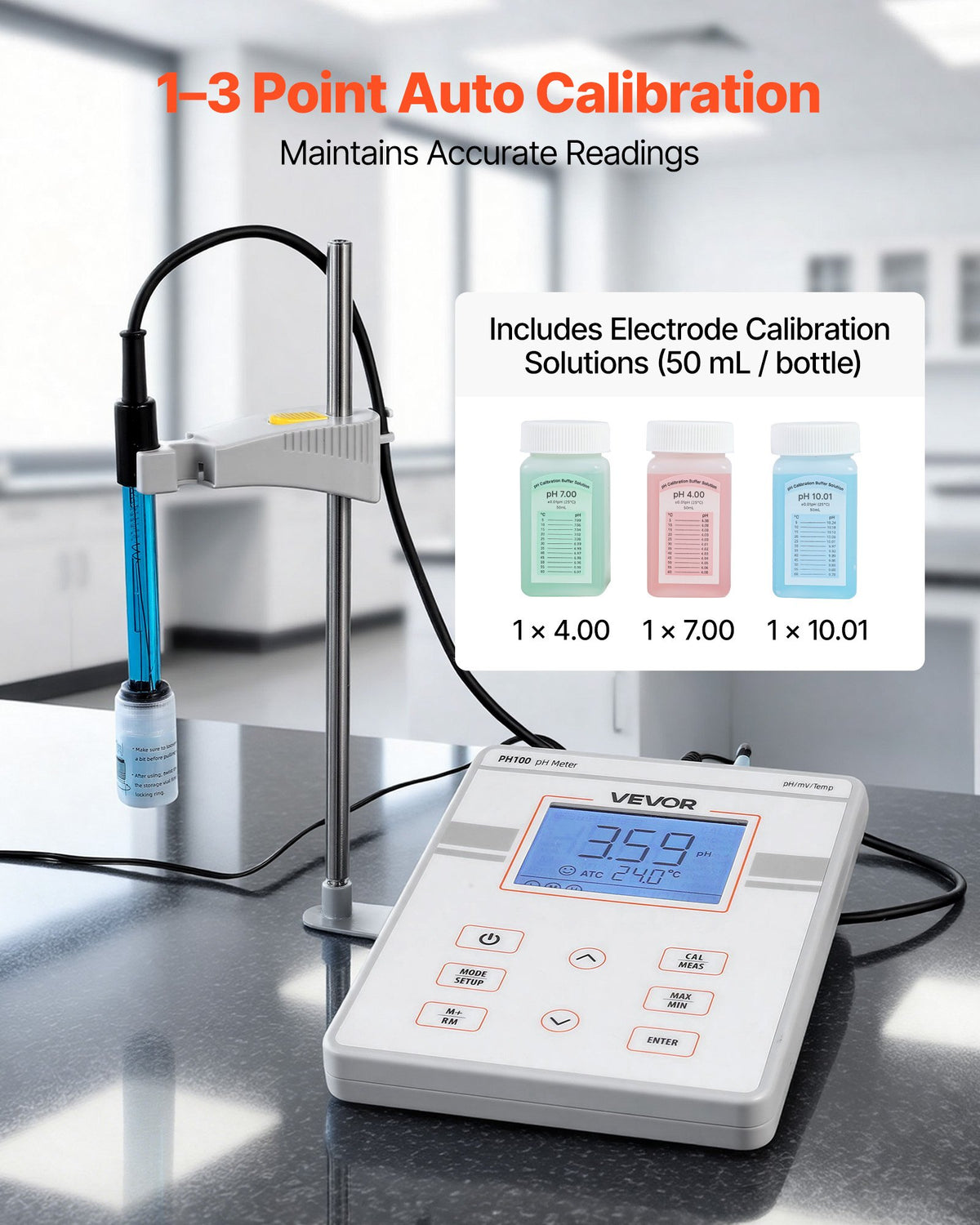 VEVOR Benchtop pH Meter, 0-14 pH Range, Laboratory Tester Kit with Large Backlit Display, Calibration Solutions, Power Adapter, Stores Up to 50 Readings, for Temperature and Water Quality Testing
