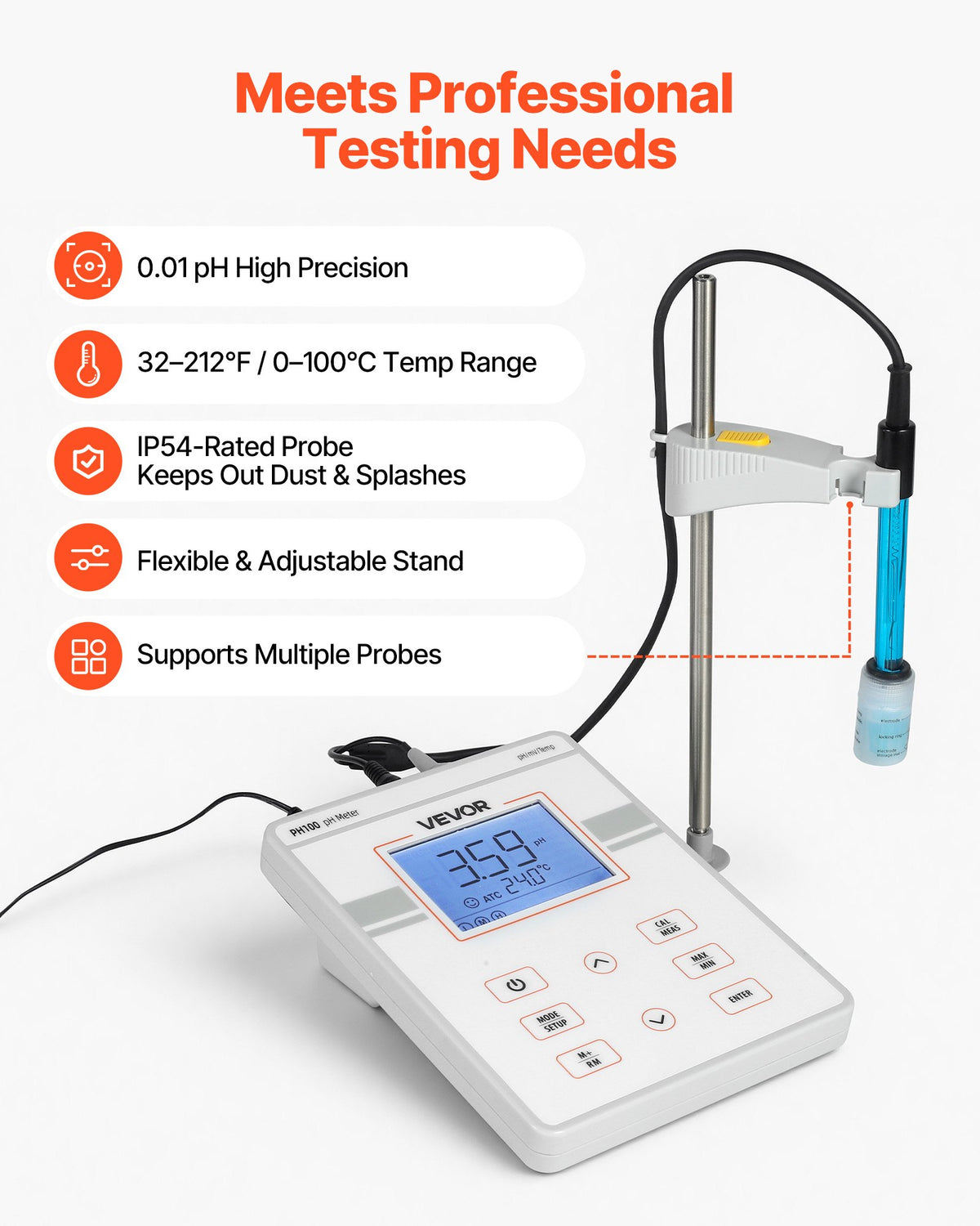 VEVOR Benchtop pH Meter, 0-14 pH Range, Laboratory Tester Kit with Large Backlit Display, Calibration Solutions, Power Adapter, Stores Up to 50 Readings, for Temperature and Water Quality Testing
