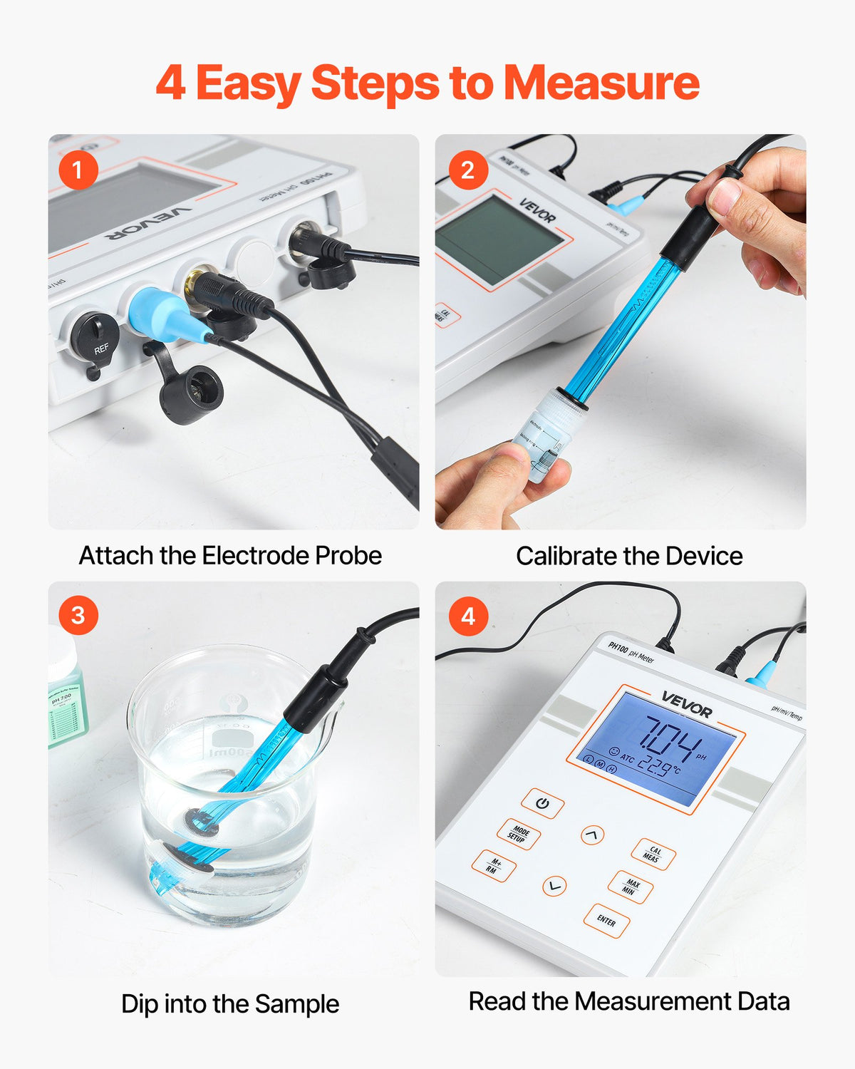 VEVOR Benchtop pH Meter, 0-14 pH Range, Laboratory Tester Kit with Large Backlit Display, Calibration Solutions, Power Adapter, Stores Up to 50 Readings, for Temperature and Water Quality Testing