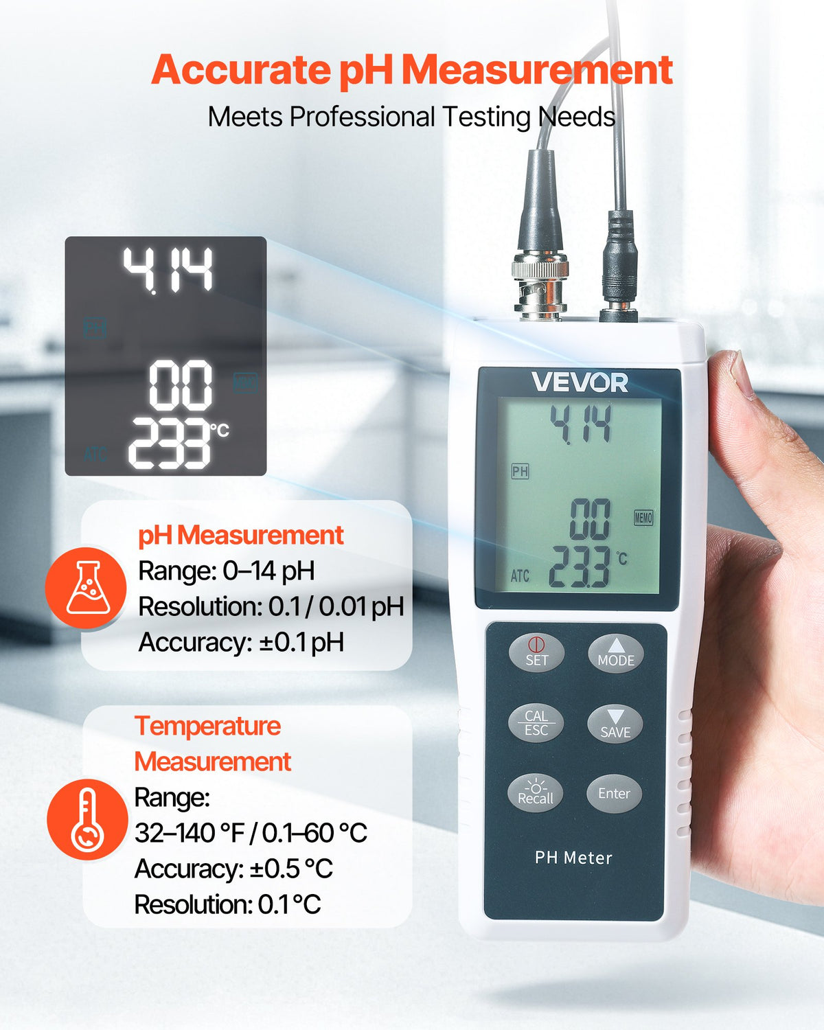 VEVOR pH Meter, 0-14 pH Range, IP68 Waterproof Probe, 3-Point Auto Calibration, Portable Tester Kit with Calibration Powder Packets, Temperature Probe, Carrying Case, for Drinking Water, Hydroponics