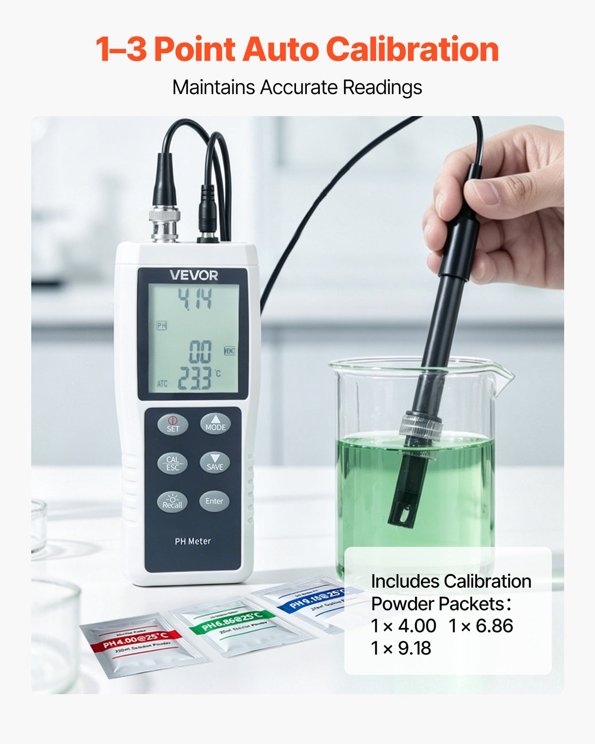 VEVOR pH Meter, 0-14 pH Range, IP68 Waterproof Probe, 3-Point Auto Calibration, Portable Tester Kit with Calibration Powder Packets, Temperature Probe, Carrying Case, for Drinking Water, Hydroponics