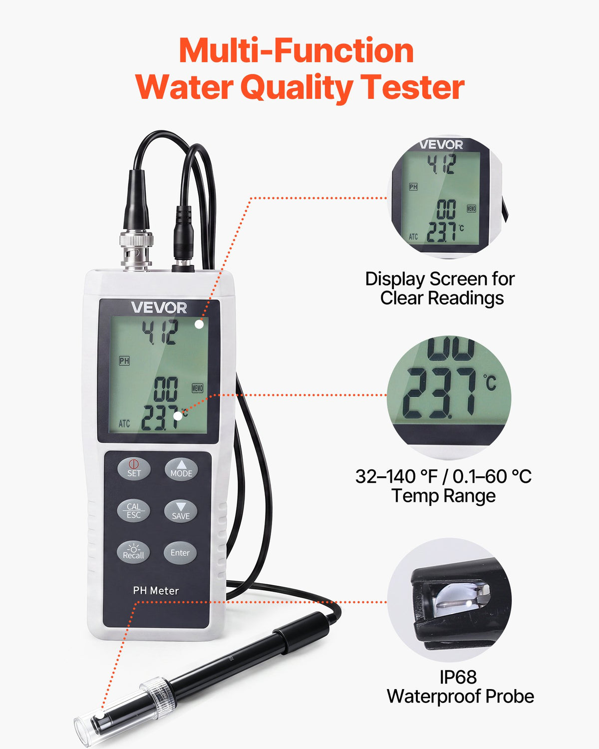 VEVOR pH Meter, 0-14 pH Range, IP68 Waterproof Probe, 3-Point Auto Calibration, Portable Tester Kit with Calibration Powder Packets, Temperature Probe, Carrying Case, for Drinking Water, Hydroponics