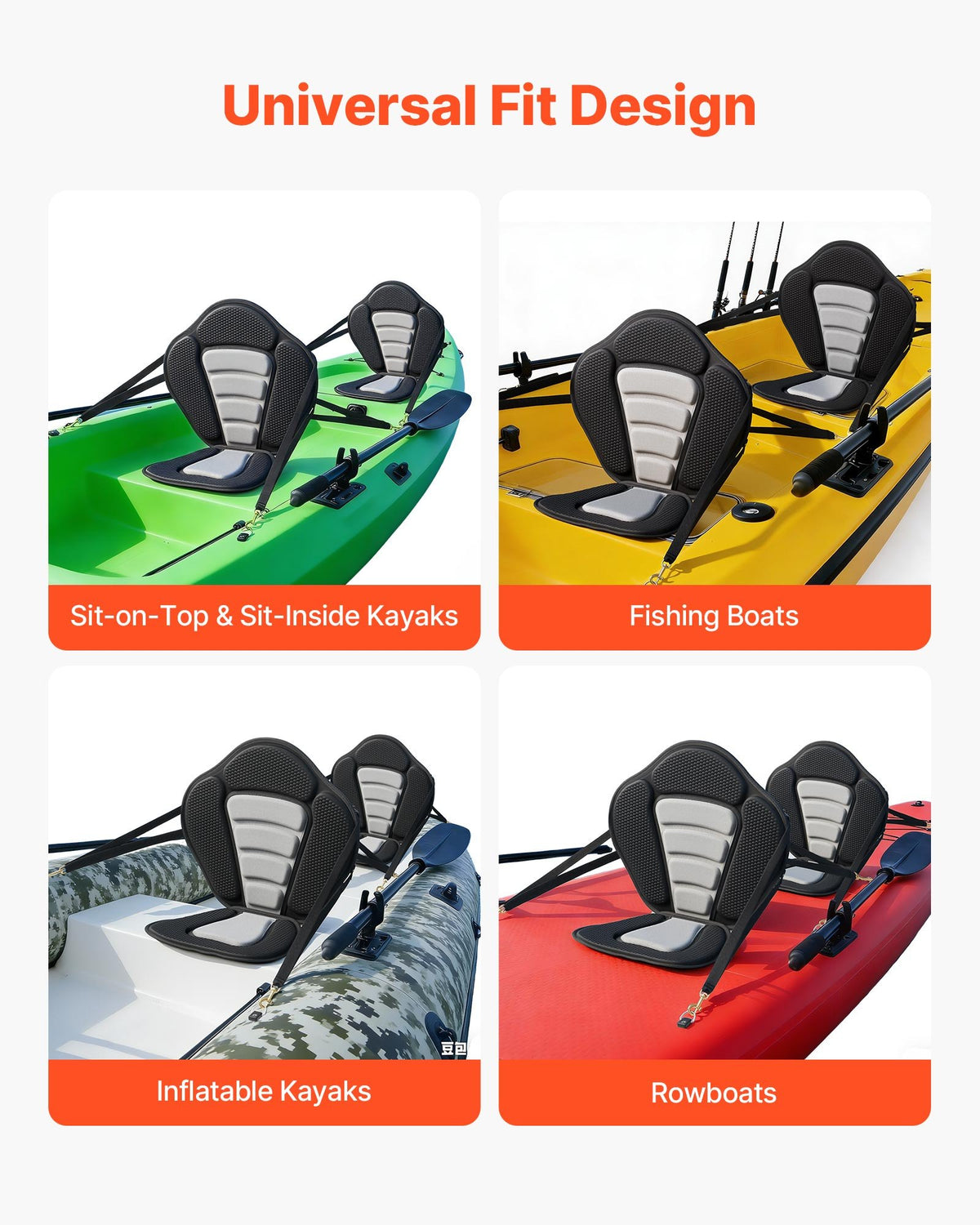 VEVOR Kayak Seat, 2 Pack 12 mm Thick, Universal Paddle Board Seat with Back Support, Sit-on-Top Soft Padded Cushion with Storage Bag & Adjustable Straps for SUP, Canoe, Fishing Boat, Inflatable Kayak