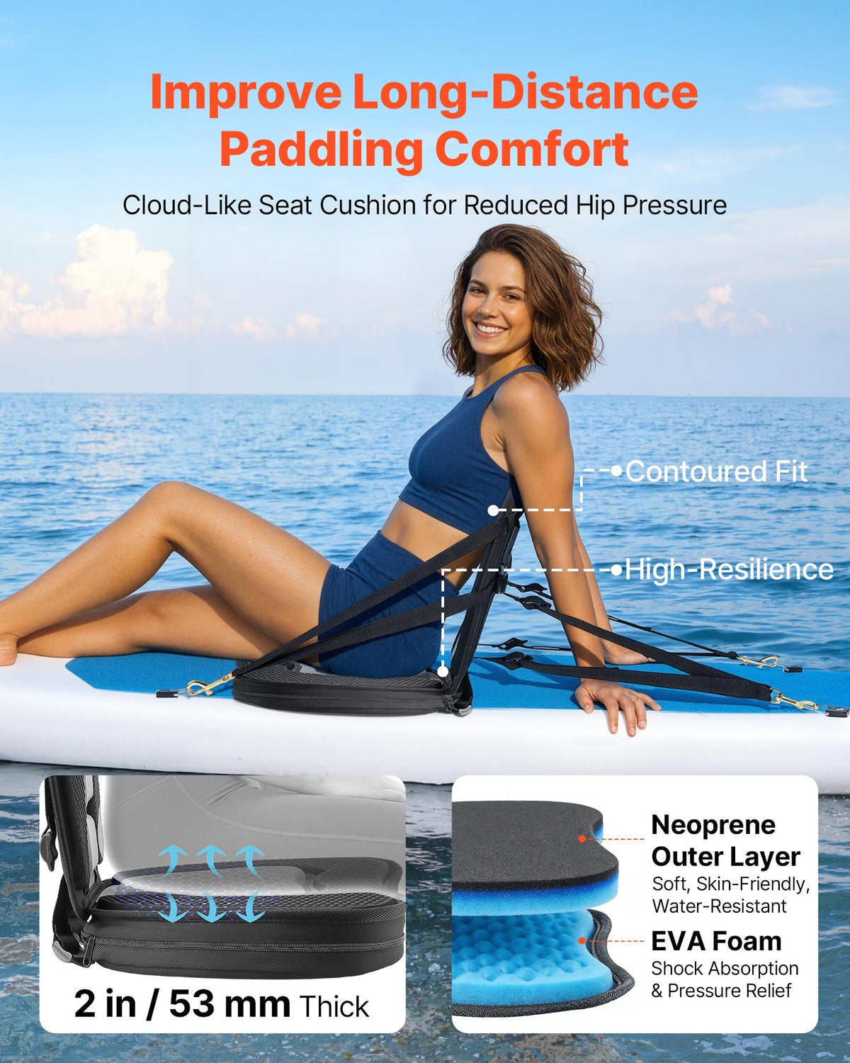 VEVOR Kayak Seat, 2 Pack 53 mm Thick, Universal Paddle Board Seat with Back Support, Sit-on-Top Soft Padded Cushion with Storage Bag & Adjustable Straps for SUP, Canoe, Fishing Boat, Inflatable Kayak