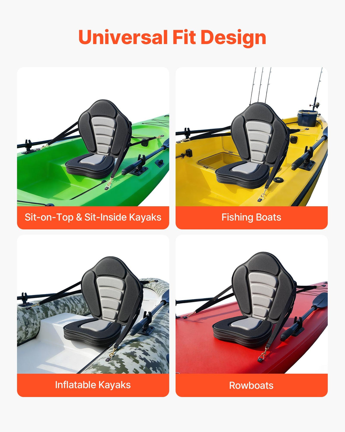 VEVOR Kayak Seat, 1 Pack 2.6" Thick, Universal Paddle Board Seat with Back Support, Sit-on-Top Soft Padded Cushion with Storage Bag & Adjustable Straps for SUP, Canoe, Fishing Boat, Inflatable Kayak
