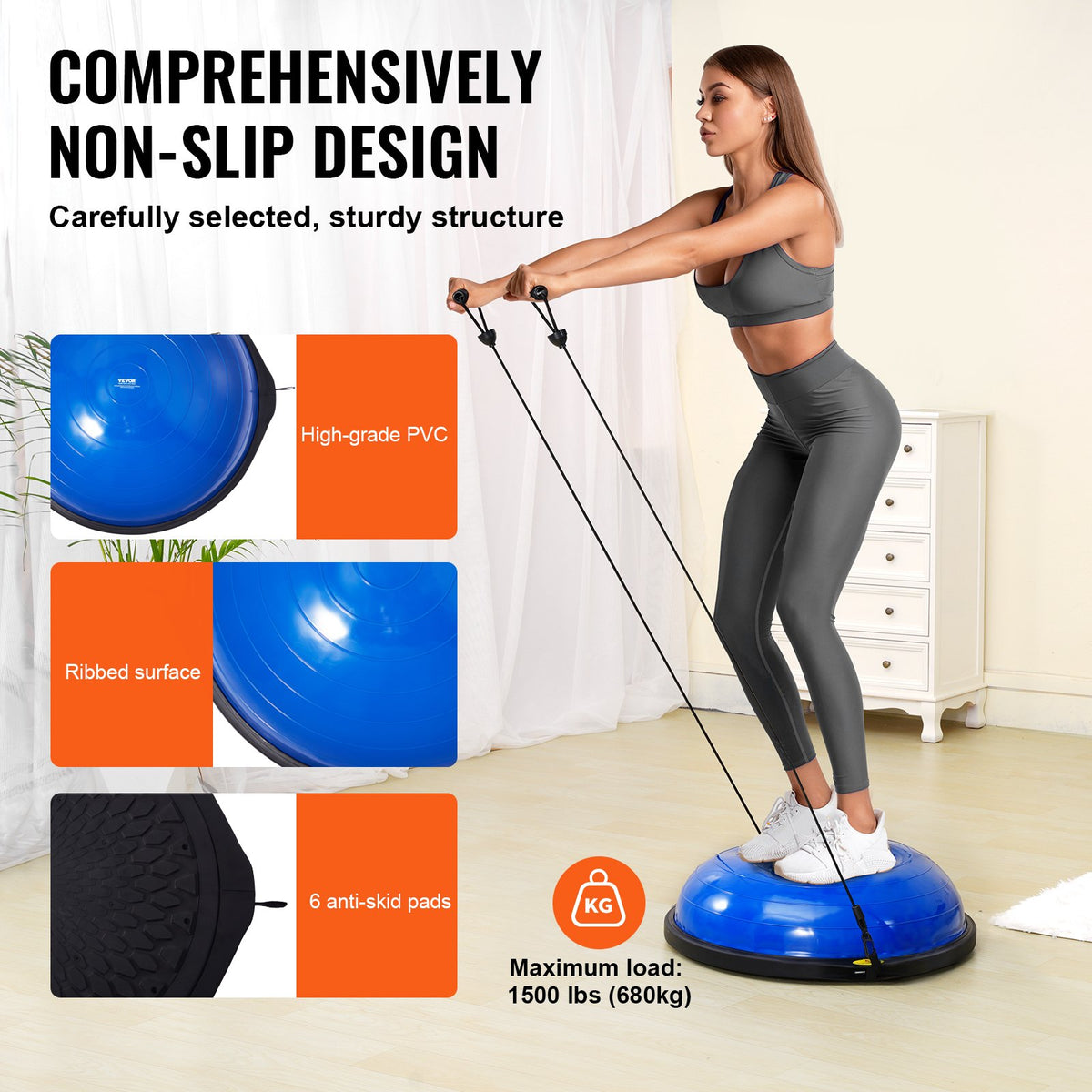 VEVOR Half Exercise Ball Trainer, 26 inch Balance Ball Trainer, 1500lbs Capacity Stability Ball, Yoga Ball with Resistance Bands & Foot Pump, Strength Fitness Ball for Home Gym Full Body Workout, Blue