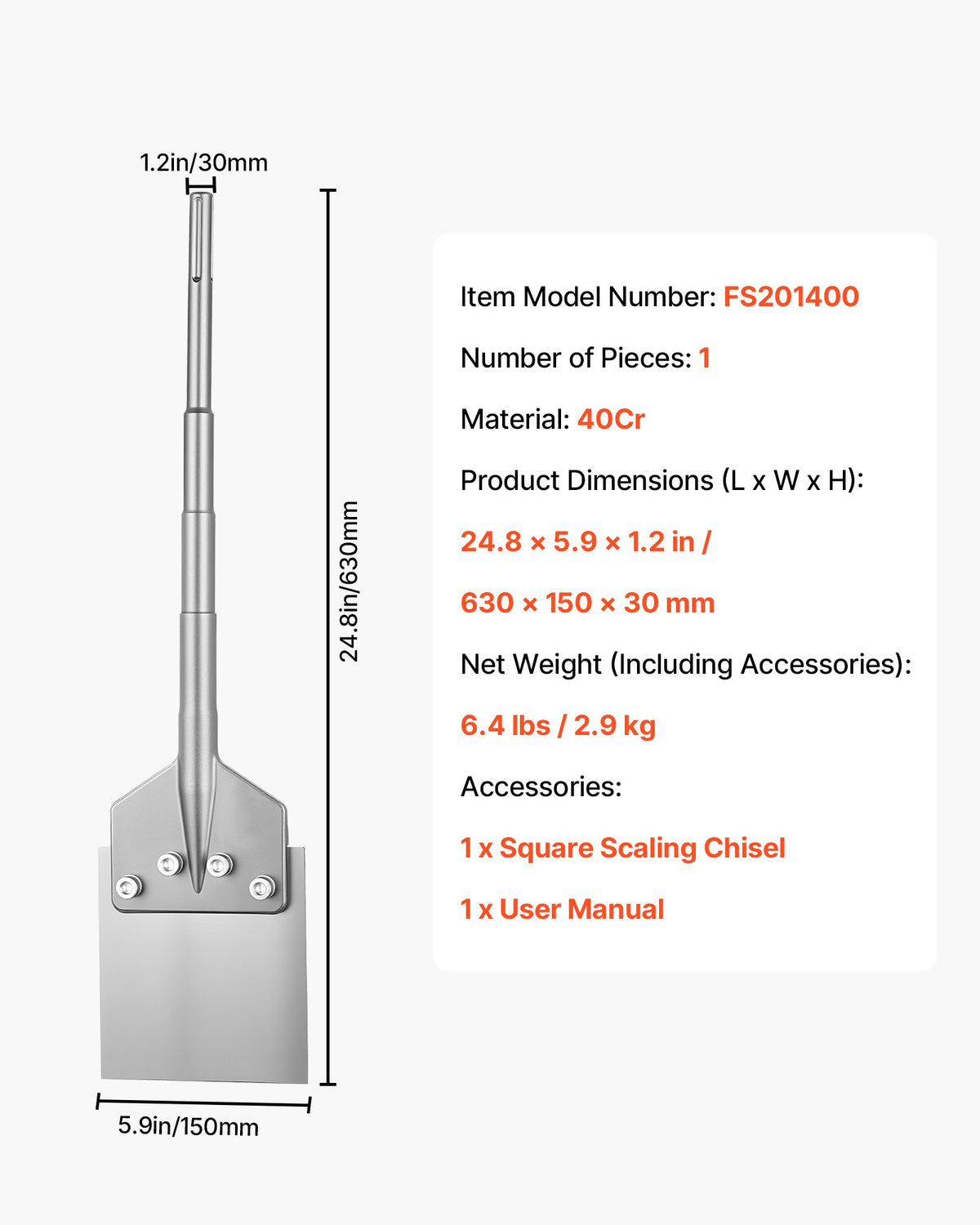 VEVOR SDS Max Floor Scraper, 630 x 150 mm Chisel Bit with SDS Max Shank, Compatible with Rotary Hammers, Heat Treated 40Cr Alloy Steel, Sharp Edge for Removing Laminate Flooring, Tiles, and Mortar