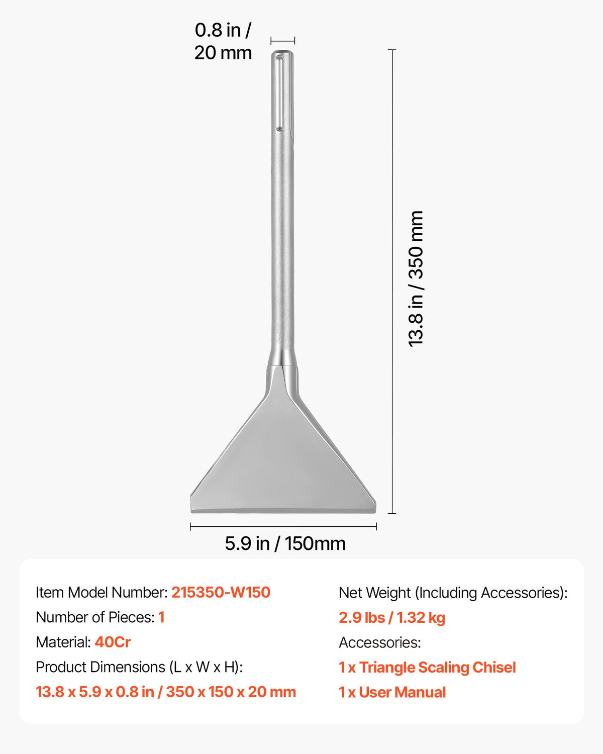 VEVOR SDS Max Scaling Chisel, 350 x 150 mm Chisel Bit with SDS Max Shank, Compatible with Rotary Hammers, Heat Treated 40Cr Alloy Steel, Sharp Edge for Removing Laminate Flooring, Tiles, and Mortar