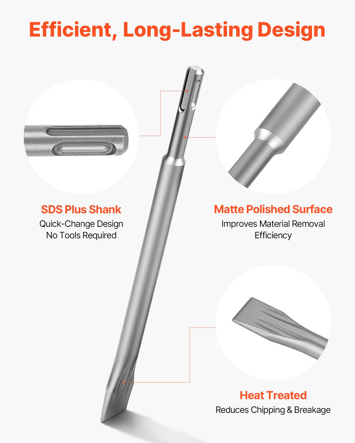 VEVOR SDS Plus Chisel Set, 3 pcs SDS Plus Rotary Hammer Drill Attachments, Includes Point, Flat, & Angled Spade Chisels, Heat Treated 40Cr Alloy Steel, Sharp Edge for Demolition, Concrete and Brick