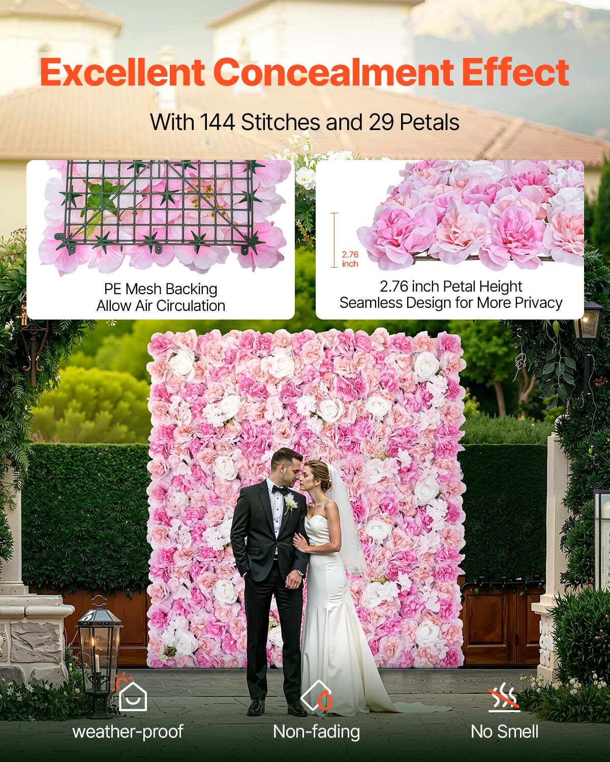 VEVOR 3D Flower Wall Panel, 12 PCS 15 x 15 inch, Artificial Floral Wall Background Mesh Backing Mat,Seamless Design&Easy Installation for Wedding Valentines Day Home Baby Party Backdrop Decor,Pink