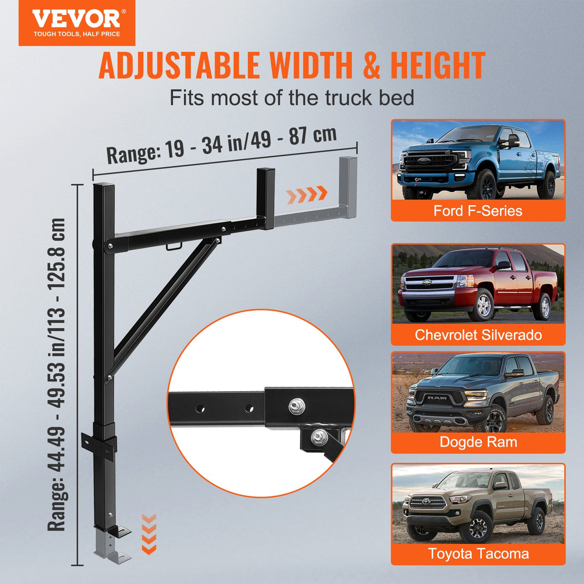 VEVOR Truck Rack, 19-34inch Extendable Truck Ladder Rack, 38.6"-43.6" Adjustable Height, 250 lbs Capacity Steel Ladder Rack for Truck, Heavy Duty Truck Bed Rack for Kayak, Surfboard, Lumber, Ladder
