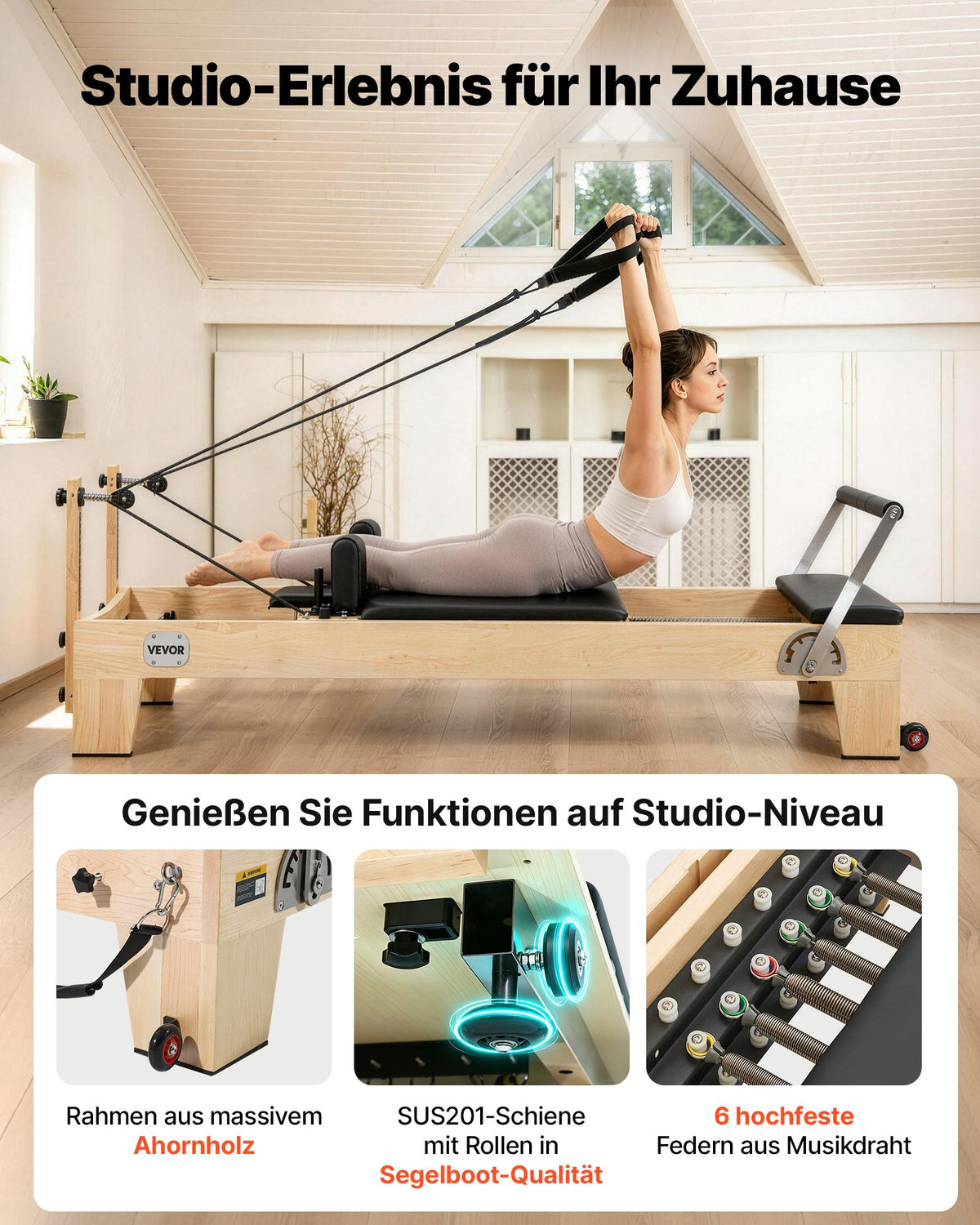 VEVOR Pilates Reformer Machine, Wooden Pilates Workout Equipment for Home Gym Studio Use, Pilates Bed with Dual Resistance- Spring & Cord, Reformer Set with Sitting Box, Up to 400 LBS
