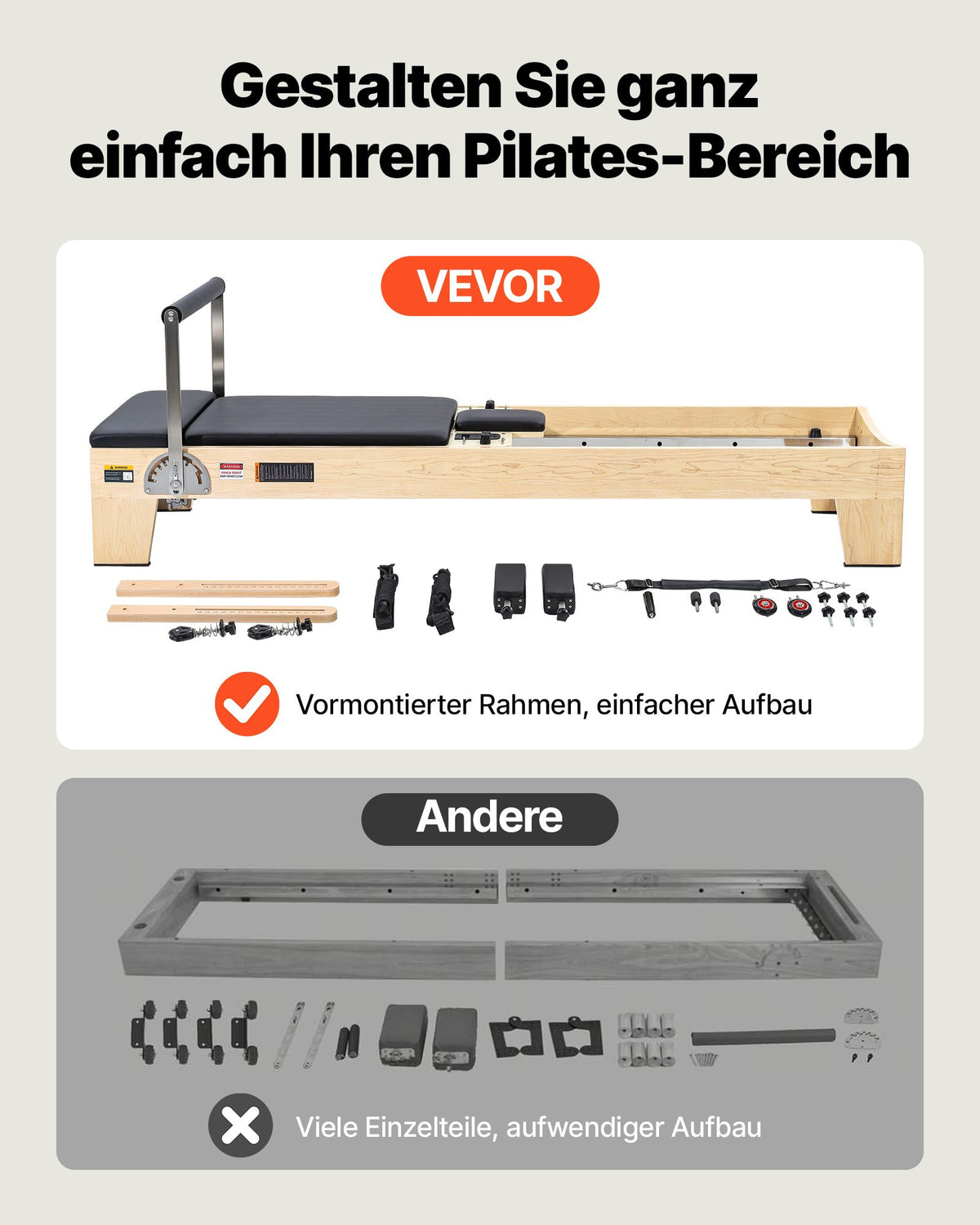 VEVOR Pilates Reformer Machine, Wooden Pilates Workout Equipment for Home Gym Studio Use, Pilates Bed with Dual Resistance- Spring & Cord, Reformer Set with Sitting Box, Up to 400 LBS