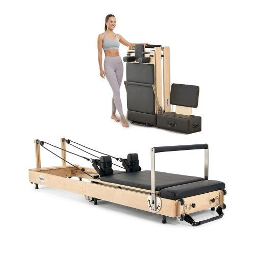 VEVOR Foldable Pilates Reformer, Wooden Pilates Workout Machine for Home Gym Studio Use, Pilates Bed with Dual Resistance- Spring & Cord, Reformer Set with Sitting Box, Up to 400 LBS