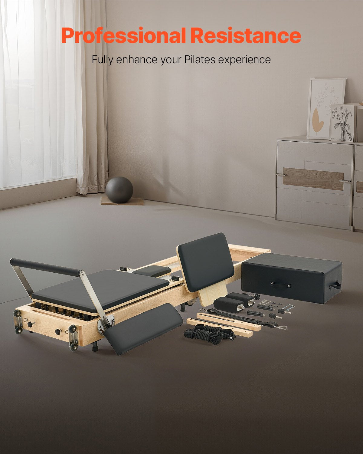 VEVOR Foldable Pilates Reformer, Wooden Pilates Workout Machine for Home Gym Studio Use, Pilates Bed with Dual Resistance- Spring & Cord, Reformer Set with Sitting Box, Up to 400 LBS