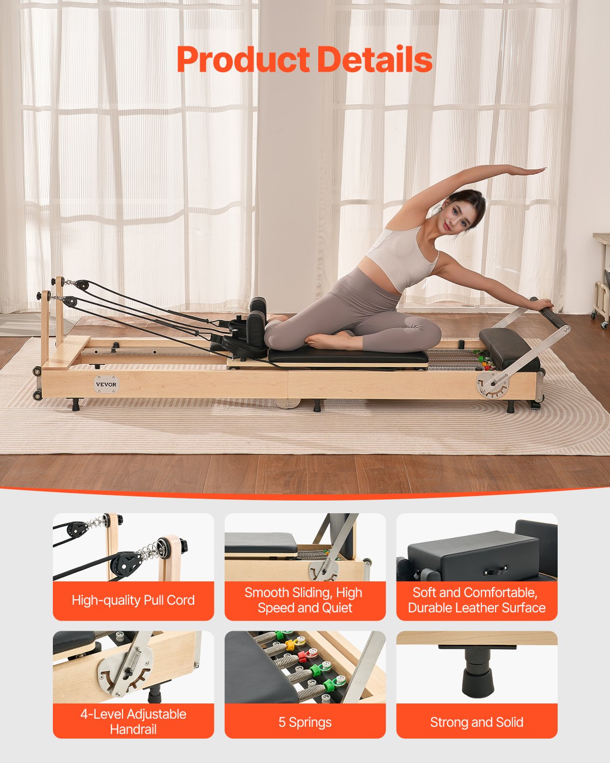VEVOR Foldable Pilates Reformer, Wooden Pilates Workout Machine for Home Gym Studio Use, Pilates Bed with Dual Resistance- Spring & Cord, Reformer Set with Sitting Box, Up to 400 LBS