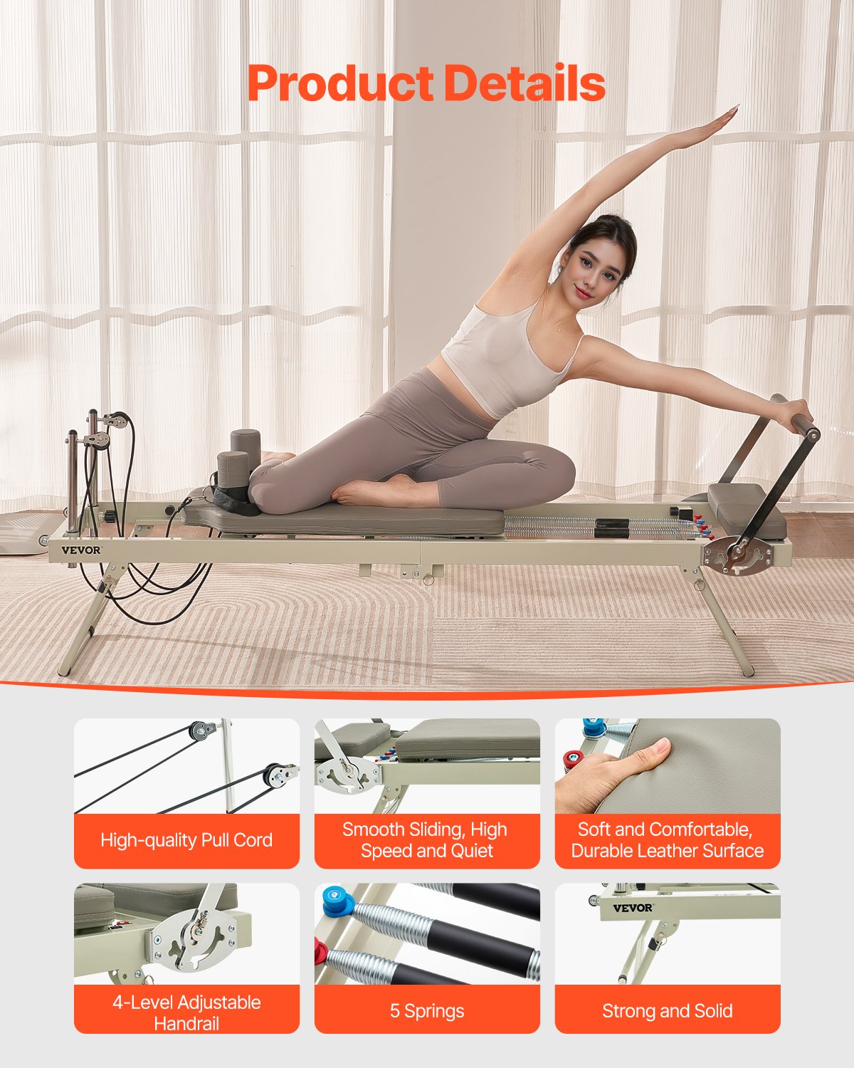 VEVOR Foldable Pilates Reformer, Pilates Workout Machine for Home Gym Studio Use, Pilates Bed with Dual Resistance- Spring & Cord, Reformer Set for Advanced Users and Beginners, Up to 400 LBS