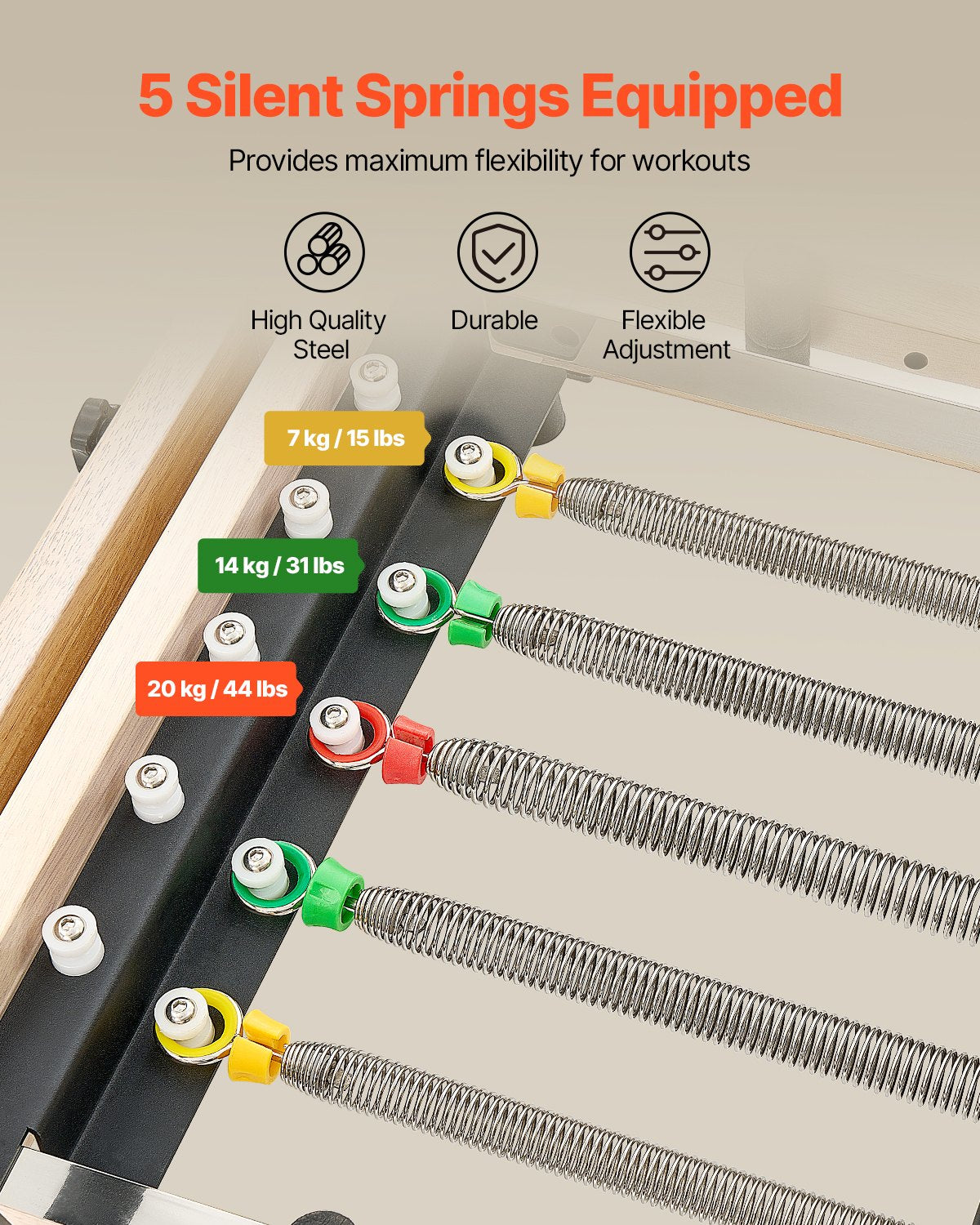 VEVOR Foldable Pilates Reformer, Wooden Pilates Workout Machine for Home Gym Studio Use, Pilates Bed with Dual Resistance- Spring & Cord, Reformer Set with Sitting Box, Up to 400 LBS