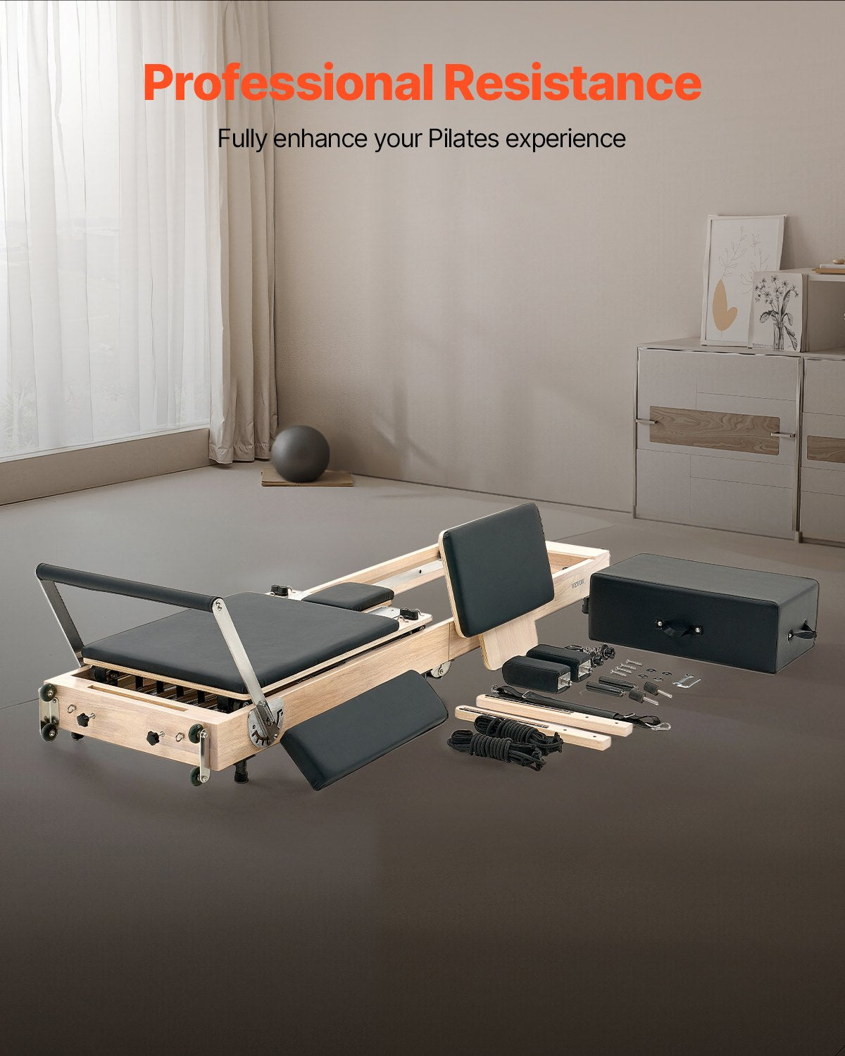 VEVOR Foldable Pilates Reformer, Wooden Pilates Workout Machine for Home Gym Studio Use, Pilates Bed with Dual Resistance- Spring & Cord, Reformer Set with Sitting Box, Up to 400 LBS