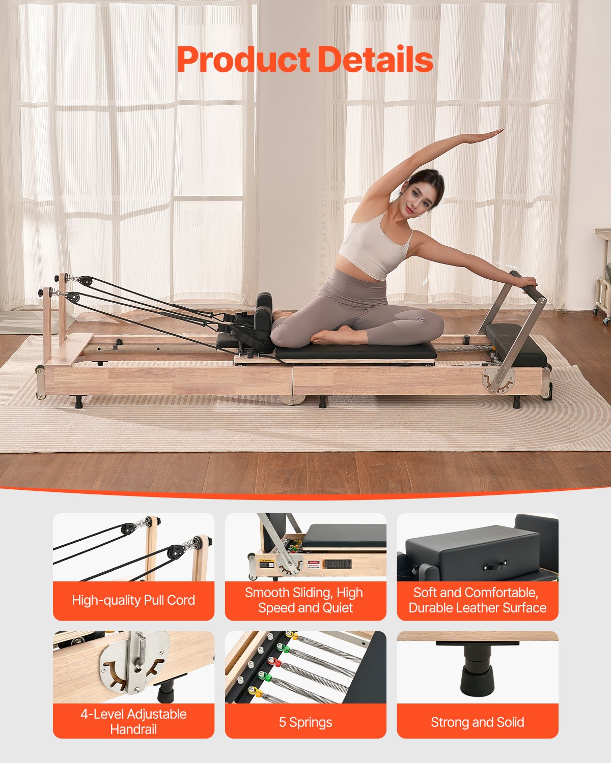 VEVOR Foldable Pilates Reformer, Wooden Pilates Workout Machine for Home Gym Studio Use, Pilates Bed with Dual Resistance- Spring & Cord, Reformer Set with Sitting Box, Up to 400 LBS