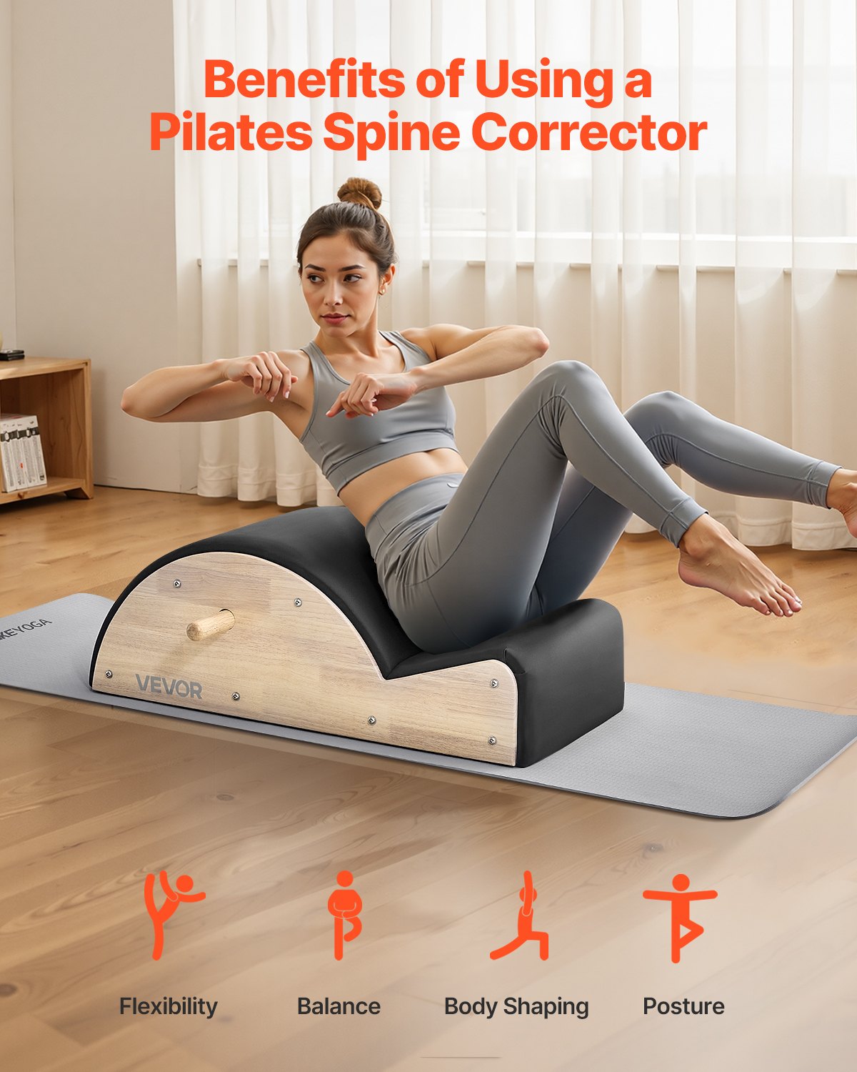 VEVOR Pilates Spine Corrector, Home Gym Yoga Pilates Accessory, Rubber Wood Fitness Training Tool, Arc Fitness Body Workout Equipment, for Spine Exercises, Balance, Core Strengthening, and Stretching