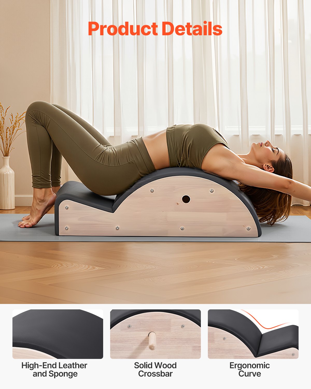 VEVOR Pilates Spine Corrector, Home Gym Yoga Pilates Accessory, Rubber Wood Fitness Training Tool, Arc Fitness Body Workout Equipment, for Spine Exercises, Balance, Core Strengthening, and Stretching
