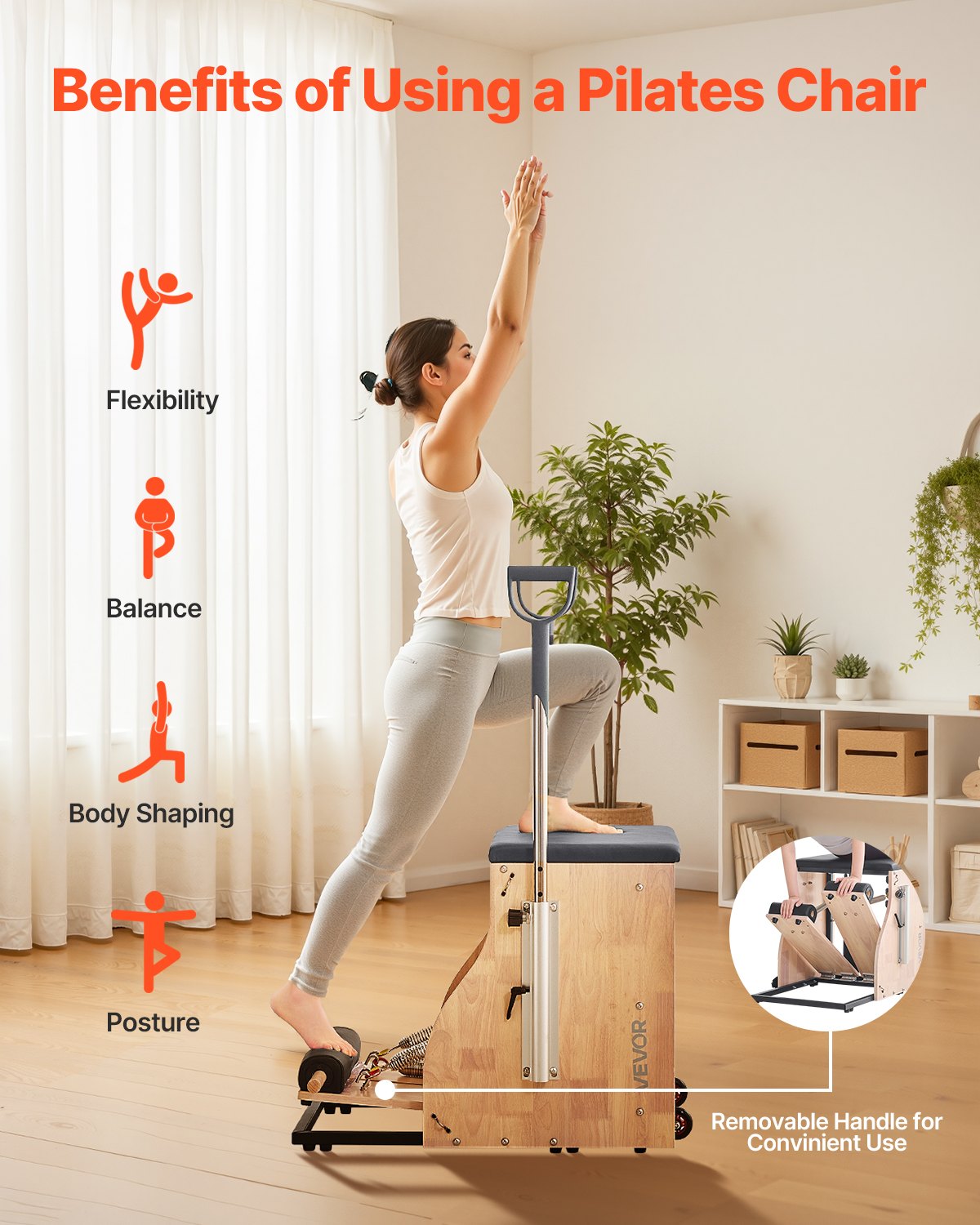 VEVOR Pilates Chair, Split-Pedal Stability Combo Chairs with Handles, Rubber Wood Frame Yoga Fitness Trainer, Exercise Reformer, Pilates Resistance-Workout Equipment, for Home Gym Studio Workout