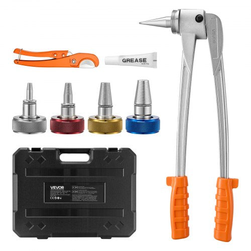 VEVOR PEX Pipe Expander Tool Kit, Manual Tubing Expansion Tool for 3/8", 1/2", 3/4", 1" PEX Pipes - with 4 Expanding Heads, Pipe Cutter & Carrying Case for Radiant Heating & Water Plumbing System
